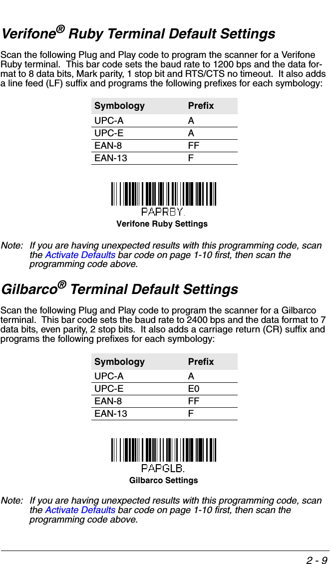 2 - 9Verifone® Ruby Terminal Default SettingsScan the following Plug and Play code to program the scanner for a Verifone Ruby terminal.  This bar code sets the baud rate to 1200 bps and the data for-mat to 8 data bits, Mark parity, 1 stop bit and RTS/CTS no timeout.  It also adds a line feed (LF) suffix and programs the following prefixes for each symbology:Note: If you are having unexpected results with this programming code, scan the Activate Defaults bar code on page 1-10 first, then scan the programming code above.Gilbarco® Terminal Default SettingsScan the following Plug and Play code to program the scanner for a Gilbarco terminal.  This bar code sets the baud rate to 2400 bps and the data format to 7 data bits, even parity, 2 stop bits.  It also adds a carriage return (CR) suffix and programs the following prefixes for each symbology:Note: If you are having unexpected results with this programming code, scan the Activate Defaults bar code on page 1-10 first, then scan the programming code above.Symbology PrefixUPC-A AUPC-E AEAN-8 FFEAN-13 FSymbology PrefixUPC-A AUPC-E E0EAN-8 FFEAN-13 FVerifone Ruby SettingsGilbarco Settings