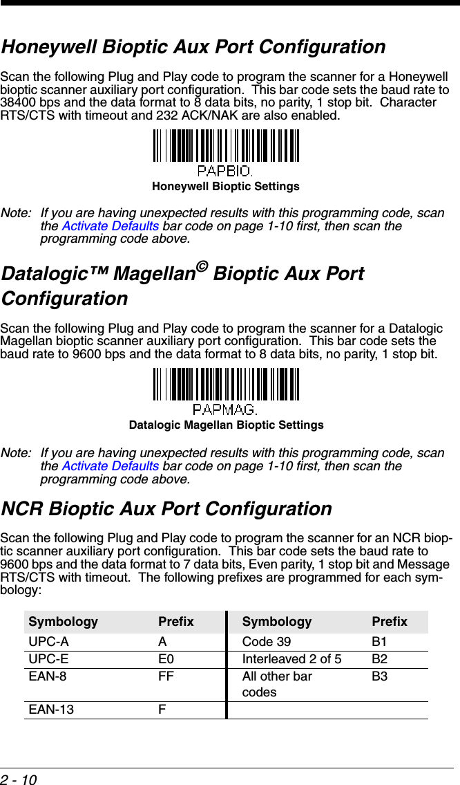 2 - 10Honeywell Bioptic Aux Port ConfigurationScan the following Plug and Play code to program the scanner for a Honeywell bioptic scanner auxiliary port configuration.  This bar code sets the baud rate to 38400 bps and the data format to 8 data bits, no parity, 1 stop bit.  Character RTS/CTS with timeout and 232 ACK/NAK are also enabled.  Note: If you are having unexpected results with this programming code, scan the Activate Defaults bar code on page 1-10 first, then scan the programming code above.Datalogic™ Magellan©Bioptic Aux Port ConfigurationScan the following Plug and Play code to program the scanner for a Datalogic Magellan bioptic scanner auxiliary port configuration.  This bar code sets the baud rate to 9600 bps and the data format to 8 data bits, no parity, 1 stop bit.  Note: If you are having unexpected results with this programming code, scan the Activate Defaults bar code on page 1-10 first, then scan the programming code above.NCR Bioptic Aux Port ConfigurationScan the following Plug and Play code to program the scanner for an NCR biop-tic scanner auxiliary port configuration.  This bar code sets the baud rate to 9600 bps and the data format to 7 data bits, Even parity, 1 stop bit and Message RTS/CTS with timeout.  The following prefixes are programmed for each sym-bology:Symbology Prefix Symbology PrefixUPC-A A Code 39 B1UPC-E E0 Interleaved 2 of 5 B2EAN-8 FF All other bar codesB3EAN-13 FHoneywell Bioptic SettingsDatalogic Magellan Bioptic Settings