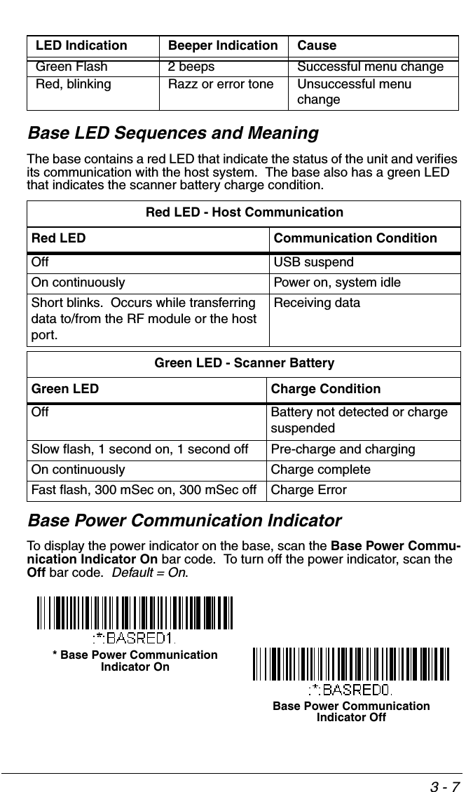 3 - 7Base LED Sequences and MeaningThe base contains a red LED that indicate the status of the unit and verifies its communication with the host system.  The base also has a green LED that indicates the scanner battery charge condition. Base Power Communication IndicatorTo display the power indicator on the base, scan the Base Power Commu-nication Indicator On bar code.  To turn off the power indicator, scan the Off bar code.  Default = On.  Green Flash 2 beeps Successful menu changeRed, blinking Razz or error tone Unsuccessful menu changeRed LED - Host CommunicationRed LED Communication ConditionOff USB suspendOn continuously Power on, system idleShort blinks.  Occurs while transferring data to/from the RF module or the host port.Receiving dataGreen LED - Scanner BatteryGreen LED Charge ConditionOff Battery not detected or charge suspendedSlow flash, 1 second on, 1 second off Pre-charge and chargingOn continuously Charge completeFast flash, 300 mSec on, 300 mSec off Charge ErrorLED Indication Beeper Indication Cause* Base Power Communication Indicator OnBase Power Communication Indicator Off