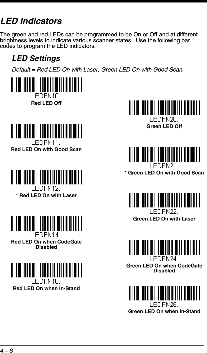 4 - 6LED IndicatorsThe green and red LEDs can be programmed to be On or Off and at different brightness levels to indicate various scanner states.  Use the following bar codes to program the LED indicators.LED SettingsDefault = Red LED On with Laser, Green LED On with Good Scan.Green LED OffRed LED Off* Green LED On with Good ScanRed LED On with Good ScanGreen LED On with Laser* Red LED On with LaserRed LED On when CodeGate DisabledGreen LED On when CodeGate DisabledGreen LED On when In-StandRed LED On when In-Stand
