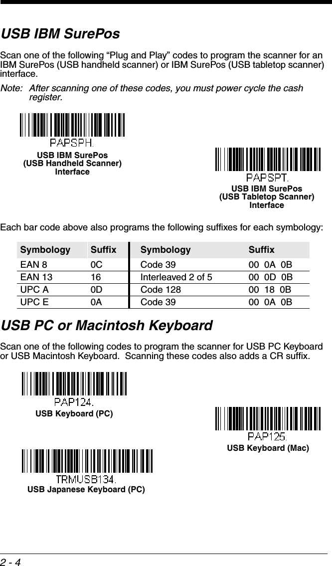 2 - 4USB IBM SurePosScan one of the following “Plug and Play” codes to program the scanner for an IBM SurePos (USB handheld scanner) or IBM SurePos (USB tabletop scanner) interface.Note: After scanning one of these codes, you must power cycle the cash register.Each bar code above also programs the following suffixes for each symbology:USB PC or Macintosh KeyboardScan one of the following codes to program the scanner for USB PC Keyboard or USB Macintosh Keyboard.  Scanning these codes also adds a CR suffix.Symbology Suffix Symbology SuffixEAN 8 0C Code 39 00  0A  0BEAN 13 16 Interleaved 2 of 5 00  0D  0BUPC A 0D Code 128 00  18  0BUPC E 0A Code 39 00  0A  0BUSB IBM SurePos (USB Handheld Scanner) InterfaceUSB IBM SurePos (USB Tabletop Scanner) InterfaceUSB Keyboard (PC)USB Keyboard (Mac)USB Japanese Keyboard (PC)