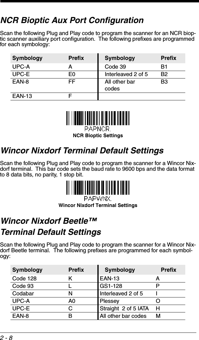 2 - 8NCR Bioptic Aux Port ConfigurationScan the following Plug and Play code to program the scanner for an NCR biop-tic scanner auxiliary port configuration.  The following prefixes are programmed for each symbology:Wincor Nixdorf Terminal Default SettingsScan the following Plug and Play code to program the scanner for a Wincor Nix-dorf terminal.  This bar code sets the baud rate to 9600 bps and the data format to 8 data bits, no parity, 1 stop bit.  Wincor Nixdorf Beetle™ Terminal Default SettingsScan the following Plug and Play code to program the scanner for a Wincor Nix-dorf Beetle terminal.  The following prefixes are programmed for each symbol-ogy:Symbology Prefix Symbology PrefixUPC-A A Code 39 B1UPC-E E0 Interleaved 2 of 5 B2EAN-8 FF All other bar codesB3EAN-13 FSymbology Prefix Symbology PrefixCode 128 K EAN-13 ACode 93 L GS1-128 PCodabar N Interleaved 2 of 5 IUPC-A A0 Plessey OUPC-E C Straight  2 of 5 IATA HEAN-8 B All other bar codes MNCR Bioptic SettingsWincor Nixdorf Terminal Settings