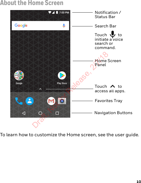 10About the Home ScreenTo learn how to customize the Home screen, see the user guide.Notification /Status BarSearch BarTouch  to initiate a voice search or command. Home Screen PanelTouch  to access all apps.Favorites TrayNavigation ButtonsDraft, Not for Release, 2/7/18
