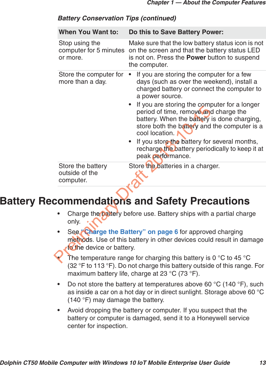 Chapter 1 — About the Computer FeaturesDolphin CT50 Mobile Computer with Windows 10 IoT Mobile Enterprise User Guide 13Battery Recommendations and Safety Precautions•Charge the battery before use. Battery ships with a partial charge only.•See “Charge the Battery” on page 6 for approved charging methods. Use of this battery in other devices could result in damage to the device or battery.•The temperature range for charging this battery is 0 °C to 45 °C (32 °F to 113 °F). Do not charge this battery outside of this range. For maximum battery life, charge at 23 °C (73 °F).•Do not store the battery at temperatures above 60 °C (140 °F), such as inside a car on a hot day or in direct sunlight. Storage above 60 °C (140 °F) may damage the battery.•Avoid dropping the battery or computer. If you suspect that the battery or computer is damaged, send it to a Honeywell service center for inspection.Stop using the computer for 5 minutes or more.Make sure that the low battery status icon is not on the screen and that the battery status LED is not on. Press the Power button to suspend the computer.Store the computer for more than a day.•If you are storing the computer for a few days (such as over the weekend), install a charged battery or connect the computer to a power source.•If you are storing the computer for a longer period of time, remove and charge the battery. When the battery is done charging, store both the battery and the computer is a cool location.•If you store the battery for several months, recharge the battery periodically to keep it at peak performance.Store the battery outside of the computer.Store the batteries in a charger.Battery Conservation Tips (continued)When You Want to: Do this to Save Battery Power:Preliminary ationatiothe batterye batteree ee “Charg“Chamethods.methodto the to th••ThTDransnsDraft reDra2018-10-15comcoove andove ane batteryatterybattery aattery.re the bae the bage the bae the bk performperfore the bathe ba20