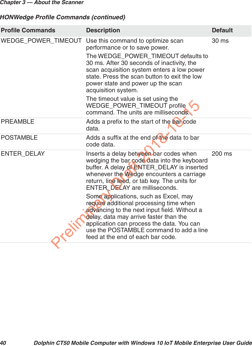 Chapter 3 — About the Scanner40 Dolphin CT50 Mobile Computer with Windows 10 IoT Mobile Enterprise User GuideWEDGE_POWER_TIMEOUT Use this command to optimize scan performance or to save power.The WEDGE_POWER_TIMEOUT defaults to 30 ms. After 30 seconds of inactivity, the scan acquisition system enters a low power state. Press the scan button to exit the low power state and power up the scan acquisition system.The timeout value is set using the WEDGE_POWER_TIMEOUT profile command. The units are milliseconds.30 msPREAMBLE Adds a prefix to the start of the bar code data.POSTAMBLE Adds a suffix at the end of the data to bar code data.ENTER_DELAY Inserts a delay between bar codes when wedging the bar code data into the keyboard buffer. A delay of ENTER_DELAY is inserted whenever the Wedge encounters a carriage return, line feed, or tab key. The units for ENTER_DELAY are milliseconds.Some applications, such as Excel, may require additional processing time when advancing to the next input field. Without a delay, data may arrive faster than the application can process the data. You can use the POSTAMBLE command to add a line feed at the end of each bar code.200 msHONWedge Profile Commands (continued)Profile Commands Description DefaultPreliminaryER_R_ome applme apprequire adequire adadvancadvandelaydelapPDraftar cor coay of ENof ENthe Wede Wedne feed,ne feedDELADEL201tween baween bde de d018-1of the dof the8-10-15e e onds.dse bar coe bar c0-18-101