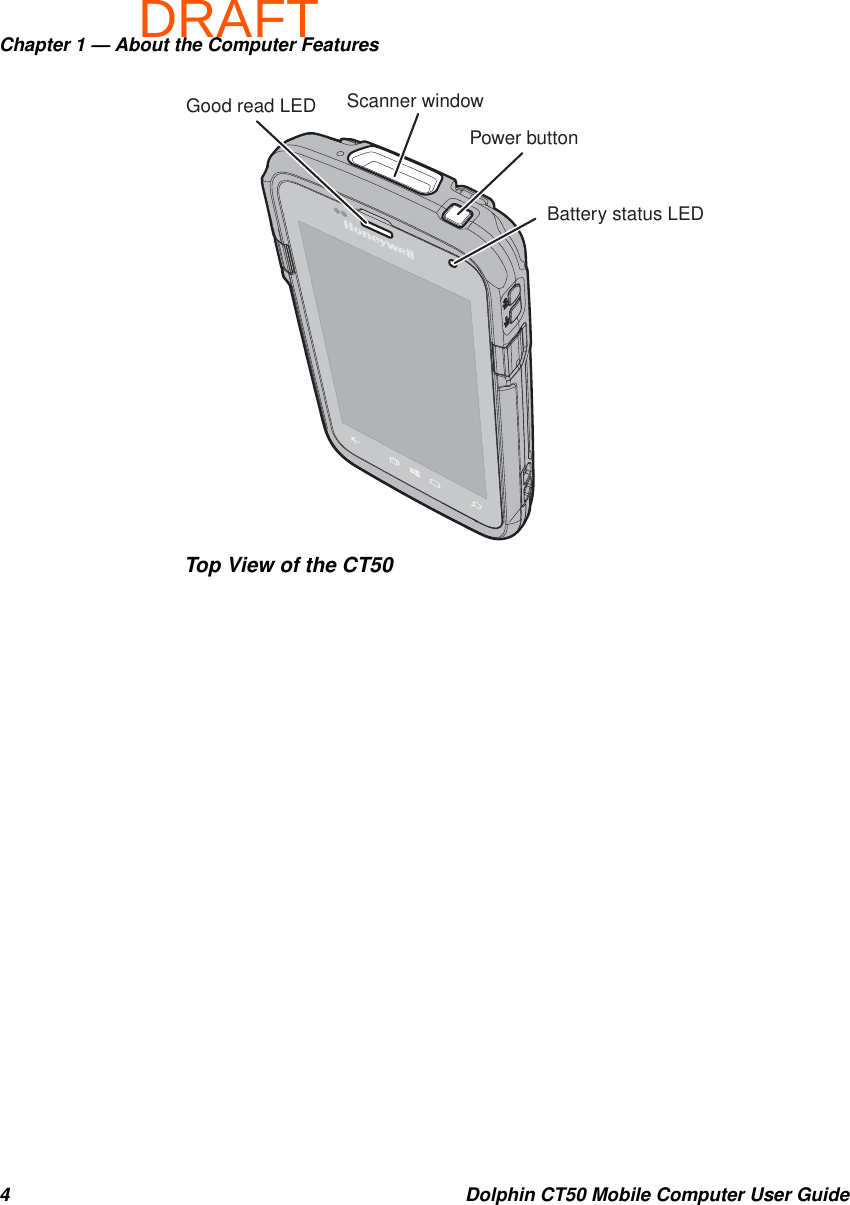 DRAFTChapter 1 — About the Computer Features4 Dolphin CT50 Mobile Computer User GuideTop View of the CT50Power buttonBattery status LEDGood read LED Scanner window