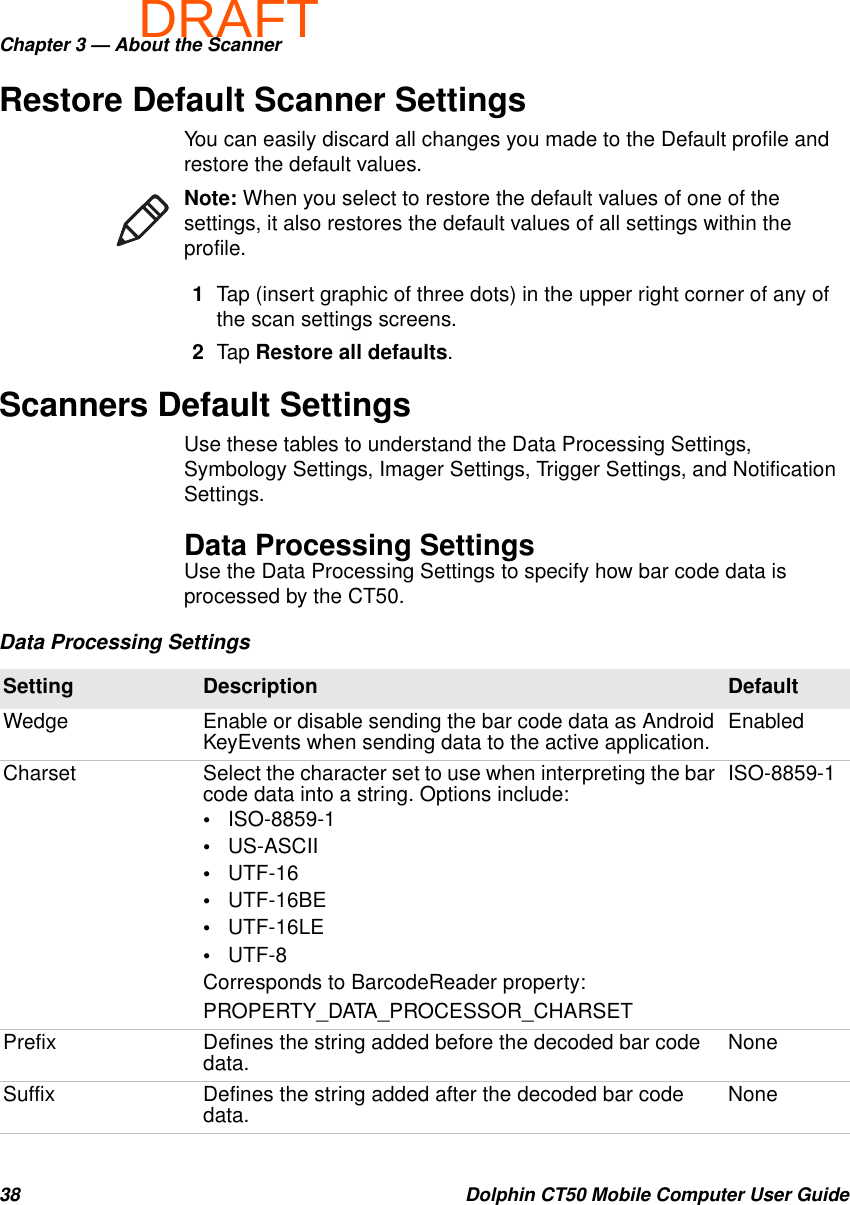 DRAFTChapter 3 — About the Scanner38 Dolphin CT50 Mobile Computer User GuideRestore Default Scanner SettingsYou can easily discard all changes you made to the Default profile and restore the default values.1Tap (insert graphic of three dots) in the upper right corner of any of the scan settings screens.2Tap Restore all defaults.Scanners Default SettingsUse these tables to understand the Data Processing Settings, Symbology Settings, Imager Settings, Trigger Settings, and Notification Settings.Data Processing SettingsUse the Data Processing Settings to specify how bar code data is processed by the CT50.Note: When you select to restore the default values of one of the settings, it also restores the default values of all settings within the profile.Data Processing SettingsSetting Description Default Wedge Enable or disable sending the bar code data as Android KeyEvents when sending data to the active application. EnabledCharset Select the character set to use when interpreting the bar code data into a string. Options include:•ISO-8859-1•US-ASCII•UTF-16•UTF-16BE•UTF-16LE•UTF-8Corresponds to BarcodeReader property:PROPERTY_DATA_PROCESSOR_CHARSETISO-8859-1Prefix Defines the string added before the decoded bar code data. NoneSuffix Defines the string added after the decoded bar code data. None