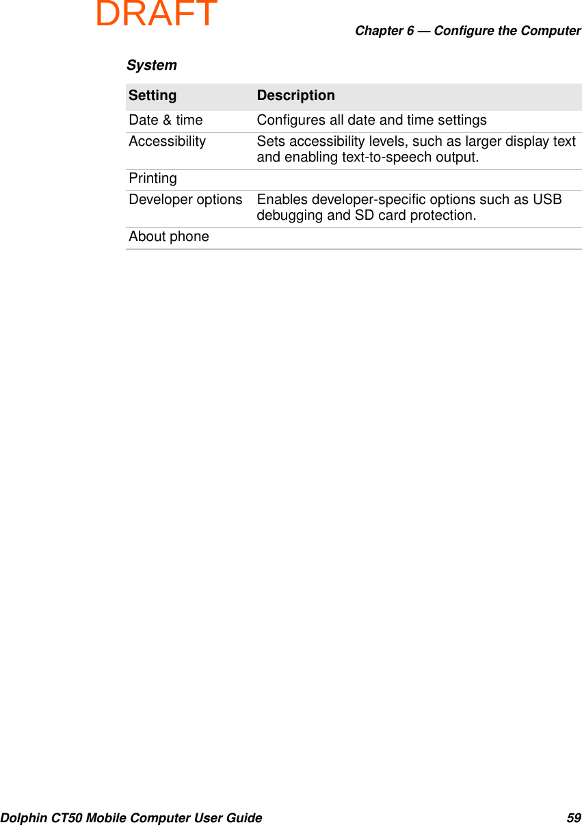 DRAFTChapter 6 — Configure the ComputerDolphin CT50 Mobile Computer User Guide 59SystemSetting DescriptionDate &amp; time Configures all date and time settingsAccessibility Sets accessibility levels, such as larger display text and enabling text-to-speech output.PrintingDeveloper options Enables developer-specific options such as USB debugging and SD card protection.About phone