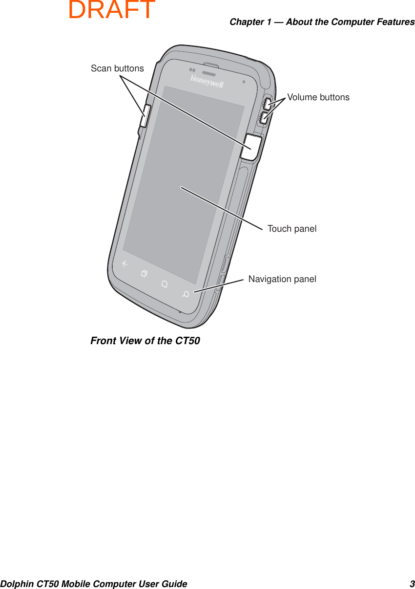 DRAFTChapter 1 — About the Computer FeaturesDolphin CT50 Mobile Computer User Guide 3Front View of the CT50Scan buttonsVolume buttonsNavigation panelTouch panel