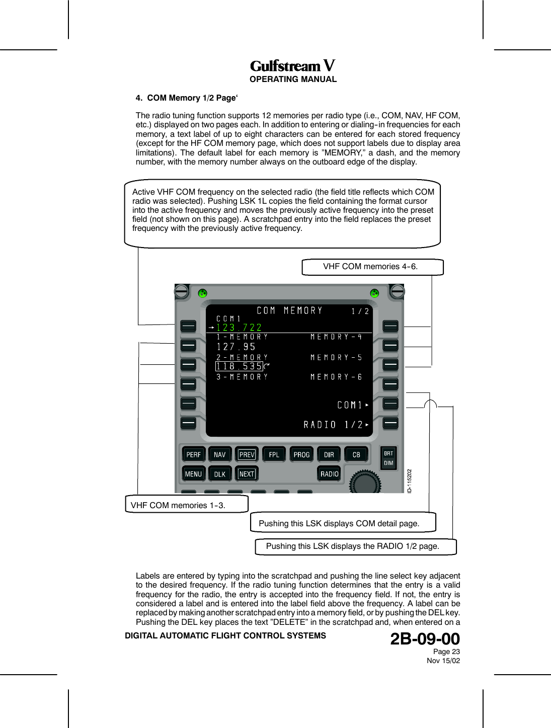 OPERATING MANUAL2B-09-00Page 23Nov 15/02DIGITAL AUTOMATIC FLIGHT CONTROL SYSTEMS4. COM Memory 1/2 Page‘The radio tuning function supports 12 memories per radio type (i.e., COM, NAV, HF COM,etc.) displayed on two pages each. In addition to entering or dialing--in frequencies for eachmemory, a text label of up to eight characters can be entered for each stored frequency(except for the HF COM memory page, which does not support labels due to display arealimitations). The default label for each memory is ”MEMORY,” a dash, and the memorynumber, with the memory number always on the outboard edge of the display.Active VHF COM frequency on the selected radio (the field title reflects which COMradio was selected). Pushing LSK 1L copies the field containing the format cursorinto the active frequency and moves the previously active frequency into the presetfield (not shown on this page). A scratchpad entry into the field replaces the presetfrequency with the previously active frequency.VHF COM memories 4--6.VHF COM memories 1--3.Pushing this LSK displays COM detail page.Pushing this LSK displays the RADIO 1/2 page.Labels are entered by typing into the scratchpad and pushing the line select key adjacentto the desired frequency. If the radio tuning function determines that the entry is a validfrequency for the radio, the entry is accepted into the frequency field. If not, the entry isconsidered a label and is entered into the label field above the frequency. A label can bereplaced by making another scratchpad entry into a memory field, or by pushing the DEL key.Pushing the DEL key places the text ”DELETE” in the scratchpad and, when entered on a