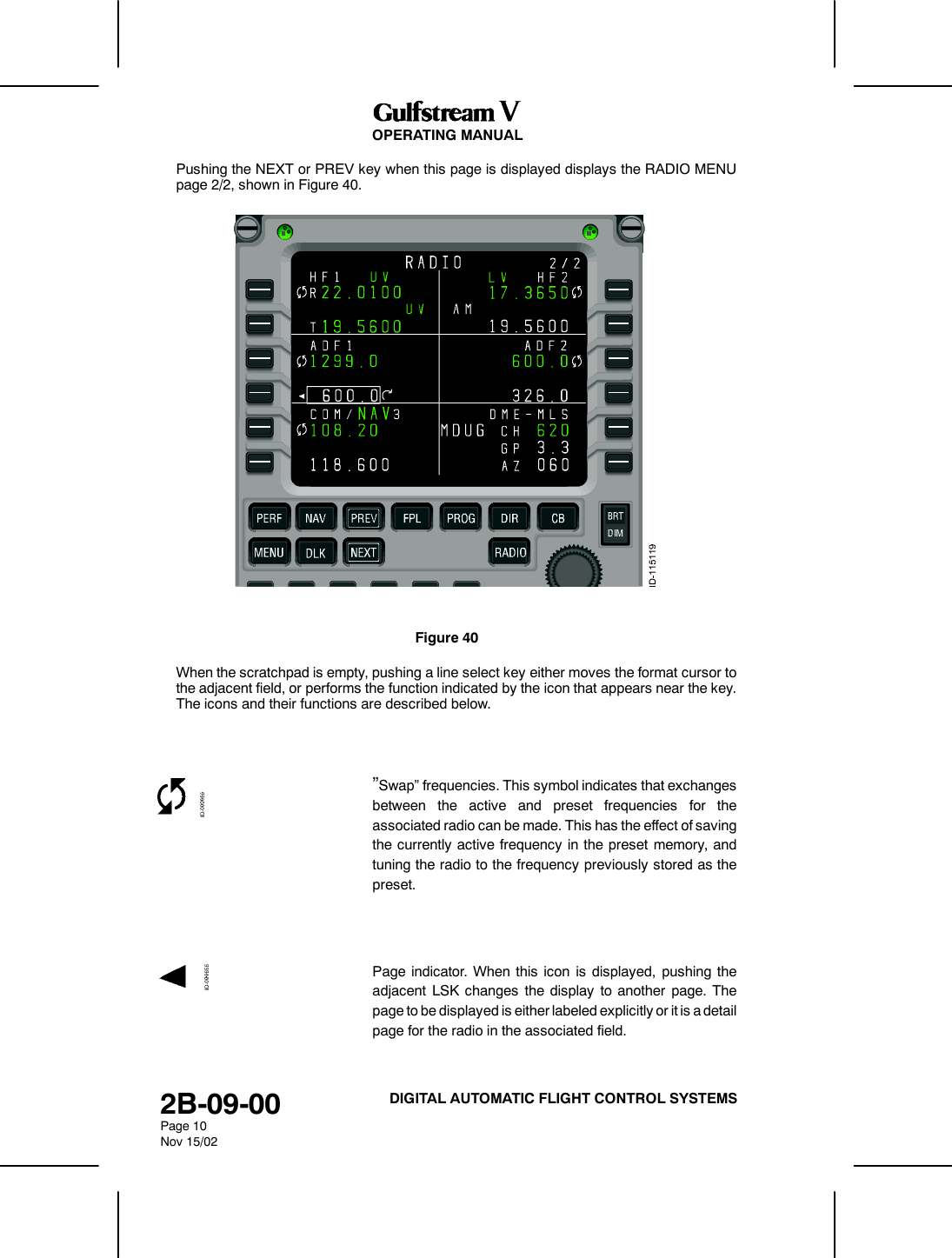 OPERATING MANUAL2B-09-00Page 10Nov 15/02DIGITAL AUTOMATIC FLIGHT CONTROL SYSTEMSPushing the NEXT or PREV key when this page is displayed displays the RADIO MENUpage 2/2, shown in Figure 40.Figure 40When the scratchpad is empty, pushing a line select key either moves the format cursor tothe adjacent field, or performs the function indicated by the icon that appears near the key.The icons and their functions are described below.”Swap” frequencies. This symbol indicates that exchangesbetween the active and preset frequencies for theassociated radio can be made. This has the effect of savingthe currently active frequency in the preset memory, andtuning the radio to the frequency previously stored as thepreset.Page indicator. When this icon is displayed, pushing theadjacent LSK changes the display to another page. Thepage to be displayed is either labeled explicitly or it is a detailpage for the radio in the associated field.