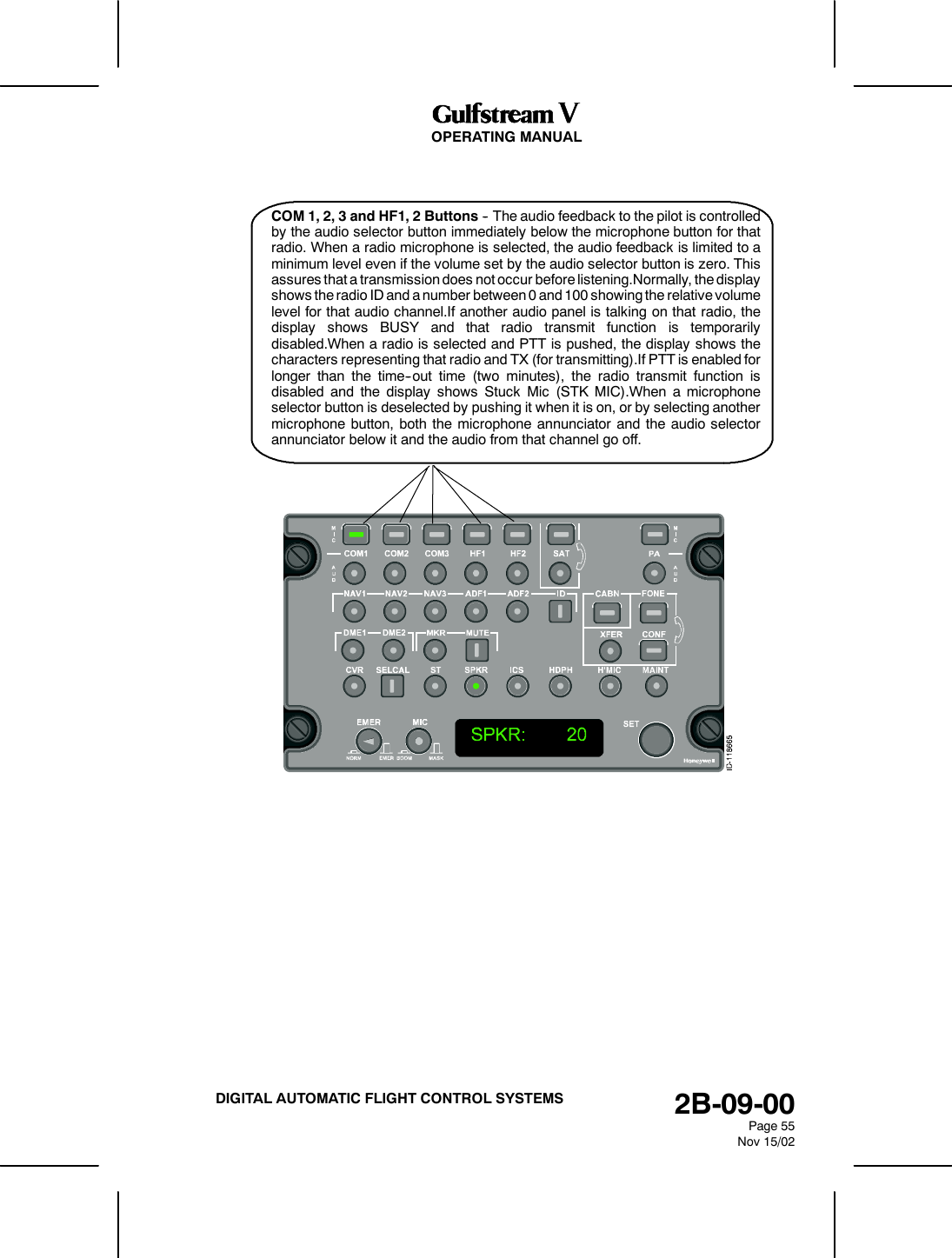 OPERATING MANUAL2B-09-00Page 55Nov 15/02DIGITAL AUTOMATIC FLIGHT CONTROL SYSTEMSCOM1,2,3andHF1,2Buttons-- The audio feedback to the pilot is controlledby the audio selector button immediately below the microphone button for thatradio. When a radio microphone is selected, the audio feedback is limited to aminimum level even if the volume set by the audio selector button is zero. Thisassures that a transmission does not occur before listening.Normally, the displayshows the radio ID and a number between 0 and 100 showing the relative volumelevel for that audio channel.If another audio panel is talking on that radio, thedisplay shows BUSY and that radio transmit function is temporarilydisabled.When a radio is selected and PTT is pushed, the display shows thecharacters representing that radio and TX (for transmitting).If PTT is enabled forlonger than the time--out time (two minutes), the radio transmit function isdisabled and the display shows Stuck Mic (STK MIC).When a microphoneselector button is deselected by pushing it when it is on, or by selecting anothermicrophone button, both the microphone annunciator and the audio selectorannunciator below it and the audio from that channel go off.