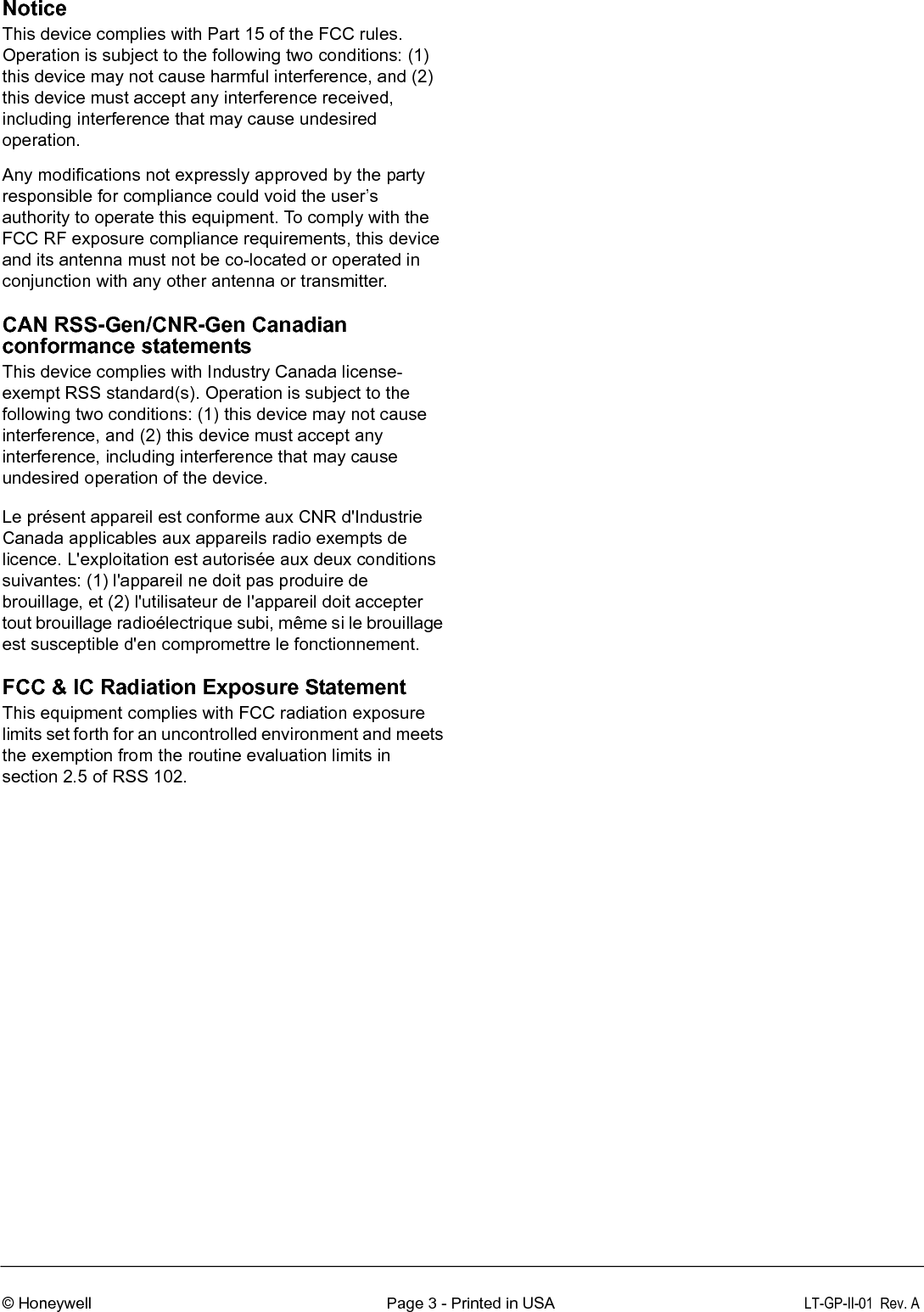© Honeywell      Page 4 - Printed in USA LT-GP-II-01  Rev. A  