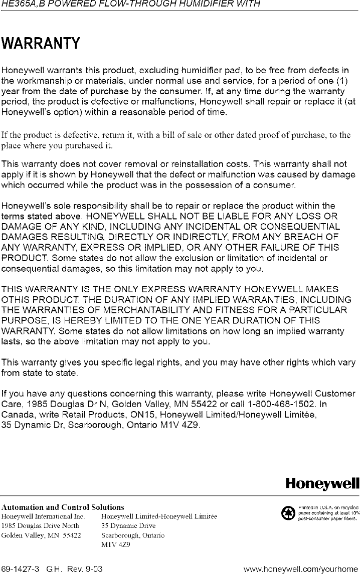 Page 8 of 8 - Honeywell HE365A1006 User Manual HUMIDIFIER - Manuals And Guides L0612227