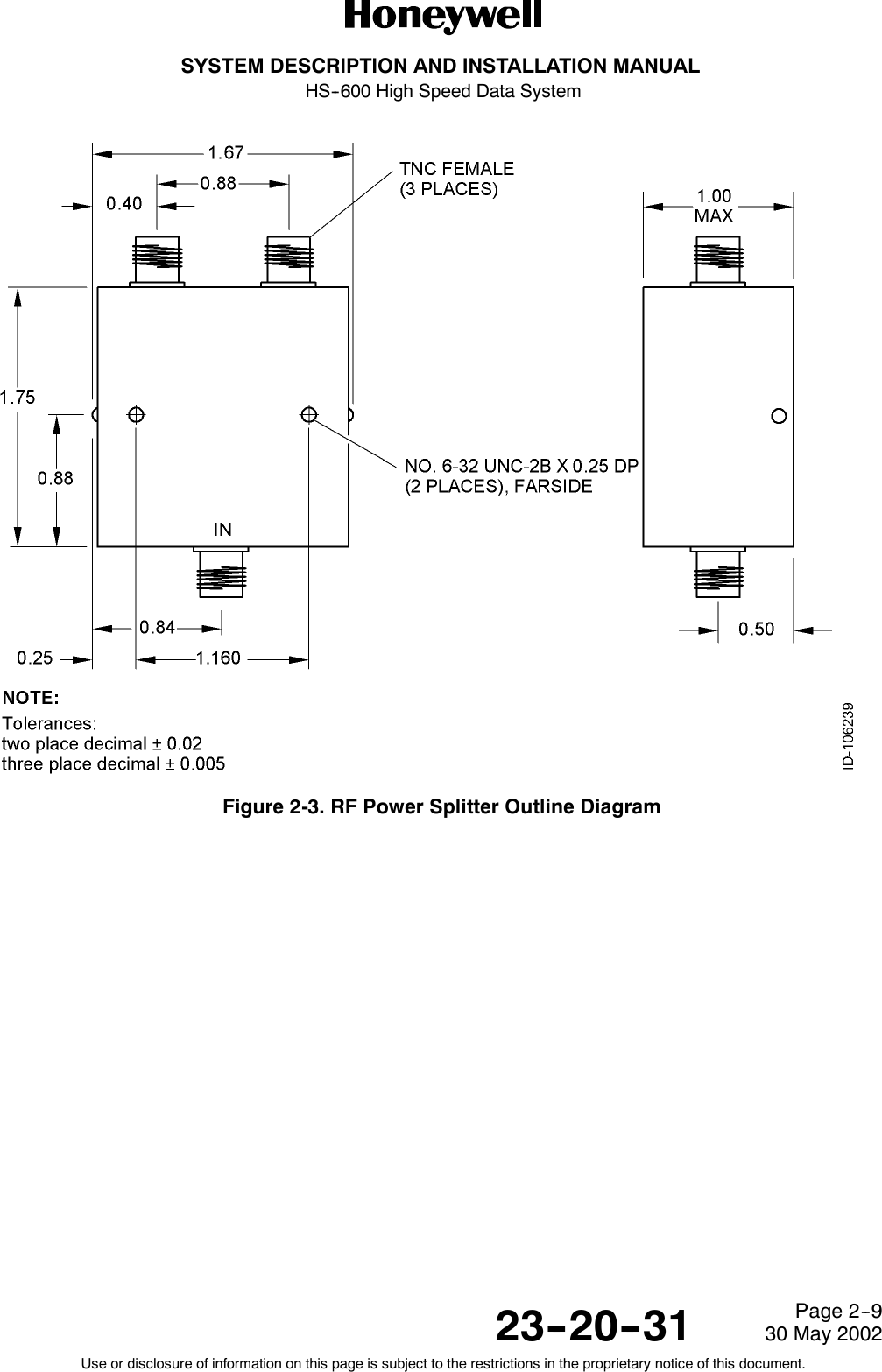 SYSTEM DESCRIPTION AND INSTALLATION MANUALHS--600 High Speed Data System23--20--3130 May 2002Use or disclosure of information on this page is subject to the restrictions in the proprietary notice of this document.Page 2--9Figure 2-3. RF Power Splitter Outline Diagram