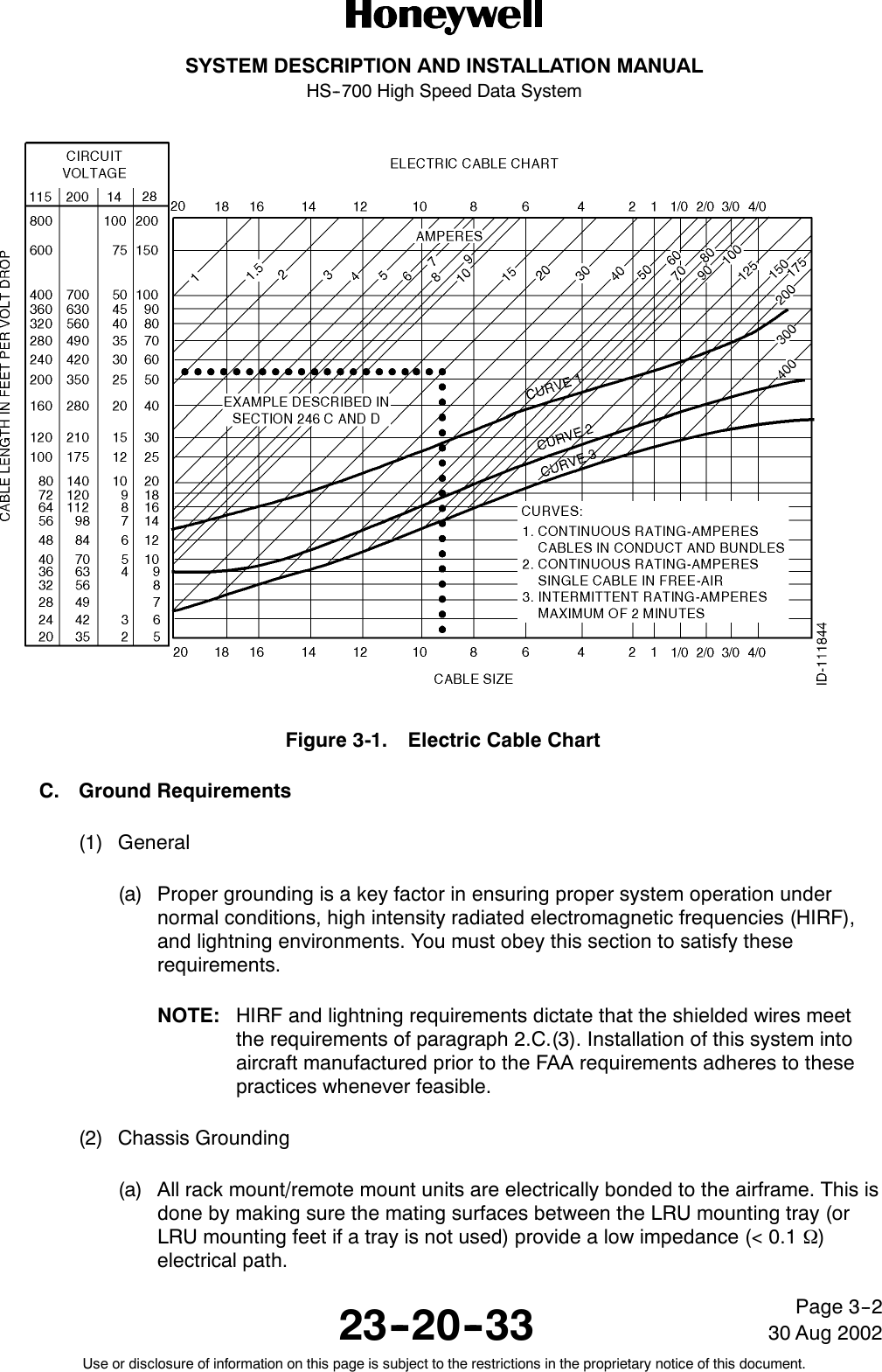 SYSTEM DESCRIPTION AND INSTALLATION MANUALHS--700 High Speed Data System23--20--3330 Aug 2002Use or disclosure of information on this page is subject to the restrictions in the proprietary notice of this document.Page 3--2Figure 3-1. Electric Cable ChartC. Ground Requirements(1) General(a) Proper grounding is a key factor in ensuring proper system operation undernormal conditions, high intensity radiated electromagnetic frequencies (HIRF),and lightning environments. You must obey this section to satisfy theserequirements.NOTE: HIRF and lightning requirements dictate that the shielded wires meetthe requirements of paragraph 2.C.(3). Installation of this system intoaircraft manufactured prior to the FAA requirements adheres to thesepractices whenever feasible.(2) Chassis Grounding(a) All rack mount/remote mount units are electrically bonded to the airframe. This isdone by making sure the mating surfaces between the LRU mounting tray (orLRU mounting feet if a tray is not used) provide a low impedance (&lt; 0.1 Ω)electrical path.