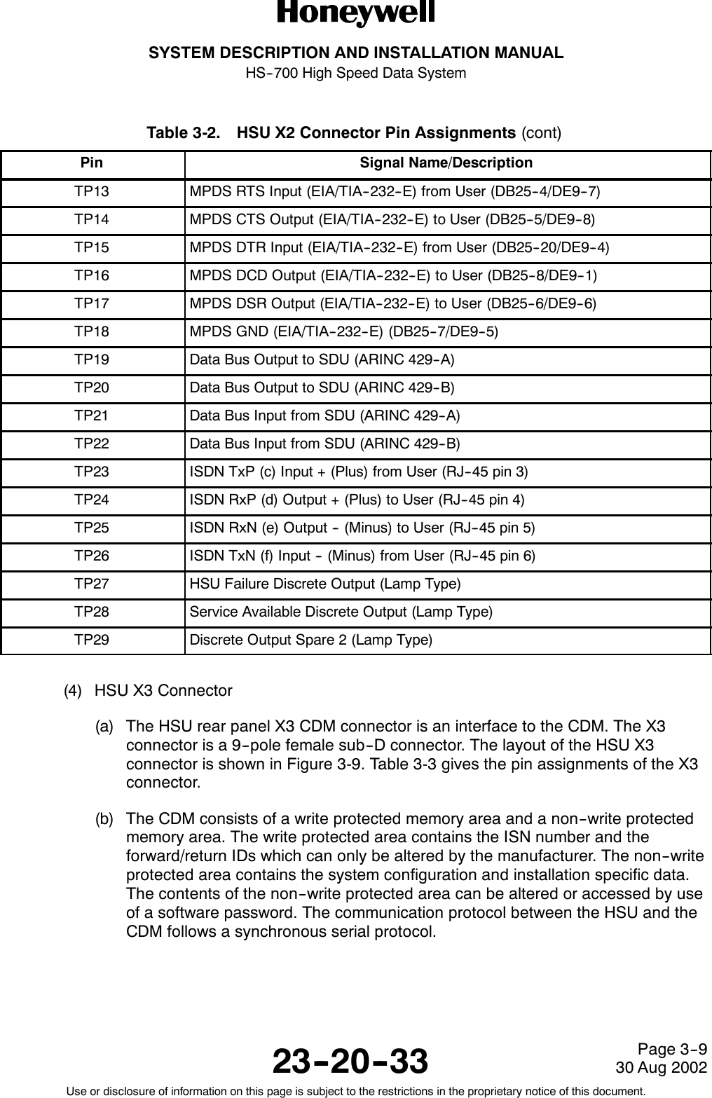 SYSTEM DESCRIPTION AND INSTALLATION MANUALHS--700 High Speed Data System23--20--3330 Aug 2002Use or disclosure of information on this page is subject to the restrictions in the proprietary notice of this document.Page 3--9Table 3-2. HSU X2 Connector Pin Assignments (cont)Pin Signal Name/DescriptionTP13 MPDS RTS Input (EIA/TIA--232--E) from User (DB25--4/DE9--7)TP14 MPDS CTS Output (EIA/TIA--232--E) to User (DB25--5/DE9--8)TP15 MPDS DTR Input (EIA/TIA--232--E) from User (DB25--20/DE9--4)TP16 MPDS DCD Output (EIA/TIA--232--E) to User (DB25--8/DE9--1)TP17 MPDS DSR Output (EIA/TIA--232--E) to User (DB25--6/DE9--6)TP18 MPDS GND (EIA/TIA--232--E) (DB25--7/DE9--5)TP19 Data Bus Output to SDU (ARINC 429--A)TP20 Data Bus Output to SDU (ARINC 429--B)TP21 Data Bus Input from SDU (ARINC 429--A)TP22 Data Bus Input from SDU (ARINC 429--B)TP23 ISDN TxP (c) Input + (Plus) from User (RJ--45 pin 3)TP24 ISDN RxP (d) Output + (Plus) to User (RJ--45 pin 4)TP25 ISDN RxN (e) Output -- (Minus) to User (RJ--45 pin 5)TP26 ISDN TxN (f) Input -- (Minus) from User (RJ--45 pin 6)TP27 HSU Failure Discrete Output (Lamp Type)TP28 Service Available Discrete Output (Lamp Type)TP29 Discrete Output Spare 2 (Lamp Type)(4) HSU X3 Connector(a) The HSU rear panel X3 CDM connector is an interface to the CDM. The X3connector is a 9--pole female sub--D connector. The layout of the HSU X3connector is shown in Figure 3-9. Table 3-3 gives the pin assignments of the X3connector.(b) The CDM consists of a write protected memory area and a non--write protectedmemory area. The write protected area contains the ISN number and theforward/return IDs which can only be altered by the manufacturer. The non--writeprotected area contains the system configuration and installation specific data.The contents of the non--write protected area can be altered or accessed by useof a software password. The communication protocol between the HSU and theCDM follows a synchronous serial protocol.