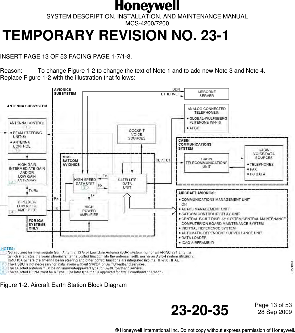   SYSTEM DESCRIPTION, INSTALLATION, AND MAINTENANCE MANUAL  MCS-4200/7200 TEMPORARY REVISION NO. 23-1  23-20-35 Page 13 of 5328 Sep 2009  © Honeywell International Inc. Do not copy without express permission of Honeywell.  INSERT PAGE 13 OF 53 FACING PAGE 1-7/1-8. Reason:  To change Figure 1-2 to change the text of Note 1 and to add new Note 3 and Note 4.  Replace Figure 1-2 with the illustration that follows:    Figure 1-2. Aircraft Earth Station Block Diagram 