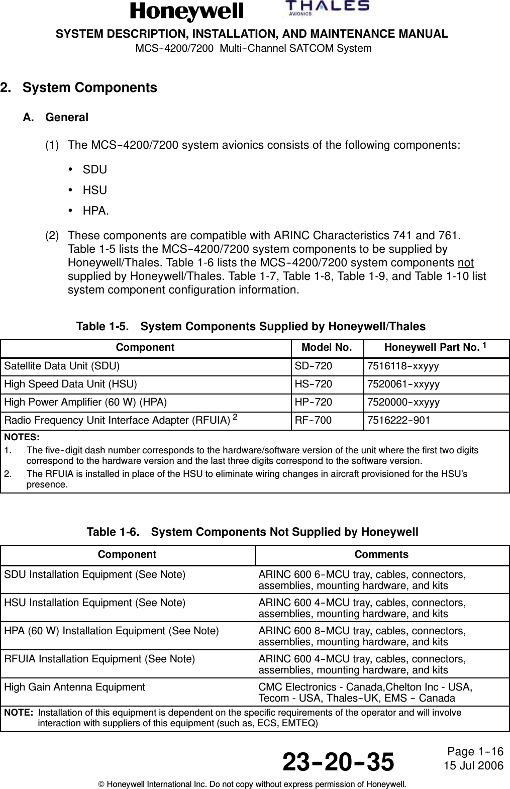 SYSTEM DESCRIPTION, INSTALLATION, AND MAINTENANCE MANUALMCS--4200/7200 Multi--Channel SATCOM System23--20--35 15 Jul 2006Honeywell International Inc. Do not copy without express permission of Honeywell.Page 1--162. System ComponentsA. General(1) The MCS--4200/7200 system avionics consists of the following components:•SDU•HSU•HPA.(2) These components are compatible with ARINC Characteristics 741 and 761.Table 1-5 lists the MCS--4200/7200 system components to be supplied byHoneywell/Thales. Table 1-6 lists the MCS--4200/7200 system components notsupplied by Honeywell/Thales. Table 1-7, Table 1-8, Table 1-9, and Table 1-10 listsystem component configuration information.Table 1-5. System Components Supplied by Honeywell/ThalesComponent Model No. Honeywell Part No. 1Satellite Data Unit (SDU) SD--720 7516118--xxyyyHigh Speed Data Unit (HSU) HS--720 7520061--xxyyyHigh Power Amplifier (60 W) (HPA) HP--720 7520000--xxyyyRadio Frequency Unit Interface Adapter (RFUIA) 2RF--700 7516222--901NOTES:1. The five--digit dash number corresponds to the hardware/software version of the unit where the first two digitscorrespond to the hardware version and the last three digits correspond to the software version.2. The RFUIA is installed in place of the HSU to eliminate wiring changes in aircraft provisioned for the HSU’spresence.Table 1-6. System Components Not Supplied by HoneywellComponent CommentsSDU Installation Equipment (See Note) ARINC 600 6--MCU tray, cables, connectors,assemblies, mounting hardware, and kitsHSU Installation Equipment (See Note) ARINC 600 4--MCU tray, cables, connectors,assemblies, mounting hardware, and kitsHPA (60 W) Installation Equipment (See Note) ARINC 600 8--MCU tray, cables, connectors,assemblies, mounting hardware, and kitsRFUIA Installation Equipment (See Note) ARINC 600 4--MCU tray, cables, connectors,assemblies, mounting hardware, and kitsHigh Gain Antenna Equipment CMC Electronics - Canada,Chelton Inc - USA,Tecom - USA, Thales--UK, EMS -- CanadaNOTE: Installation of this equipment is dependent on the specific requirements of the operator and will involveinteraction with suppliers of this equipment (such as, ECS, EMTEQ)