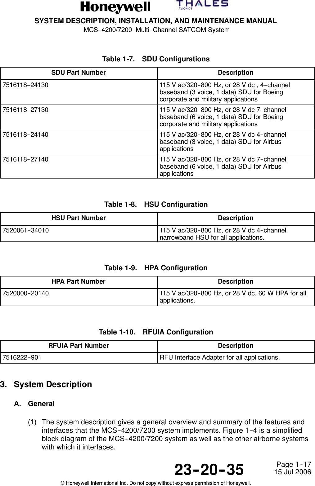 SYSTEM DESCRIPTION, INSTALLATION, AND MAINTENANCE MANUALMCS--4200/7200 Multi--Channel SATCOM System23--20--35 15 Jul 2006Honeywell International Inc. Do not copy without express permission of Honeywell.Page 1--17Table 1-7. SDU ConfigurationsSDU Part Number Description7516118--24130 115 V ac/320--800 Hz, or 28 V dc , 4--channelbaseband (3 voice, 1 data) SDU for Boeingcorporate and military applications7516118--27130 115 V ac/320--800 Hz, or 28 V dc 7--channelbaseband (6 voice, 1 data) SDU for Boeingcorporate and military applications7516118--24140 115 V ac/320--800 Hz, or 28 V dc 4--channelbaseband (3 voice, 1 data) SDU for Airbusapplications7516118--27140 115 V ac/320--800 Hz, or 28 V dc 7--channelbaseband (6 voice, 1 data) SDU for AirbusapplicationsTable 1-8. HSU ConfigurationHSU Part Number Description7520061--34010 115 V ac/320--800 Hz, or 28 V dc 4--channelnarrowband HSU for all applications.Table 1-9. HPA ConfigurationHPA Part Number Description7520000--20140 115 V ac/320--800 Hz, or 28 V dc, 60 W HPA for allapplications.Table 1-10. RFUIA ConfigurationRFUIA Part Number Description7516222--901 RFU Interface Adapter for all applications.3. System DescriptionA. General(1) The system description gives a general overview and summary of the features andinterfaces that the MCS--4200/7200 system implements. Figure 1--4 is a simplifiedblock diagram of the MCS--4200/7200 system as well as the other airborne systemswith which it interfaces.