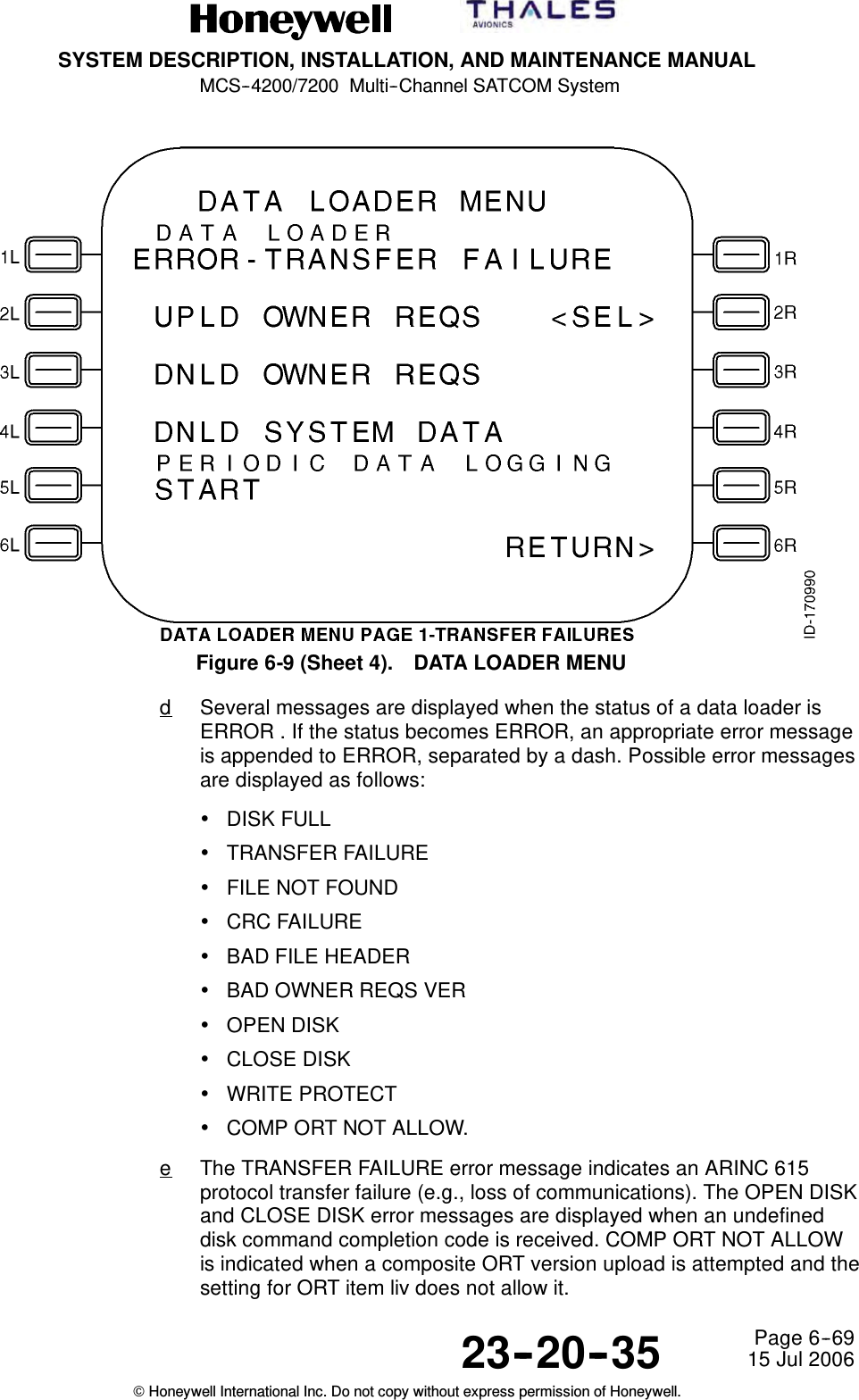 SYSTEM DESCRIPTION, INSTALLATION, AND MAINTENANCE MANUALMCS--4200/7200 Multi--Channel SATCOM System23--20--35 15 Jul 2006Honeywell International Inc. Do not copy without express permission of Honeywell.Page 6--69Figure 6-9 (Sheet 4). DATA LOADER MENUdSeveral messages are displayed when the status of a data loader isERROR . If the status becomes ERROR, an appropriate error messageis appended to ERROR, separated by a dash. Possible error messagesare displayed as follows:•DISK FULL•TRANSFER FAILURE•FILE NOT FOUND•CRC FAILURE•BAD FILE HEADER•BAD OWNER REQS VER•OPEN DISK•CLOSE DISK•WRITE PROTECT•COMP ORT NOT ALLOW.eThe TRANSFER FAILURE error message indicates an ARINC 615protocol transfer failure (e.g., loss of communications). The OPEN DISKand CLOSE DISK error messages are displayed when an undefineddisk command completion code is received. COMP ORT NOT ALLOWis indicated when a composite ORT version upload is attempted and thesetting for ORT item liv does not allow it.