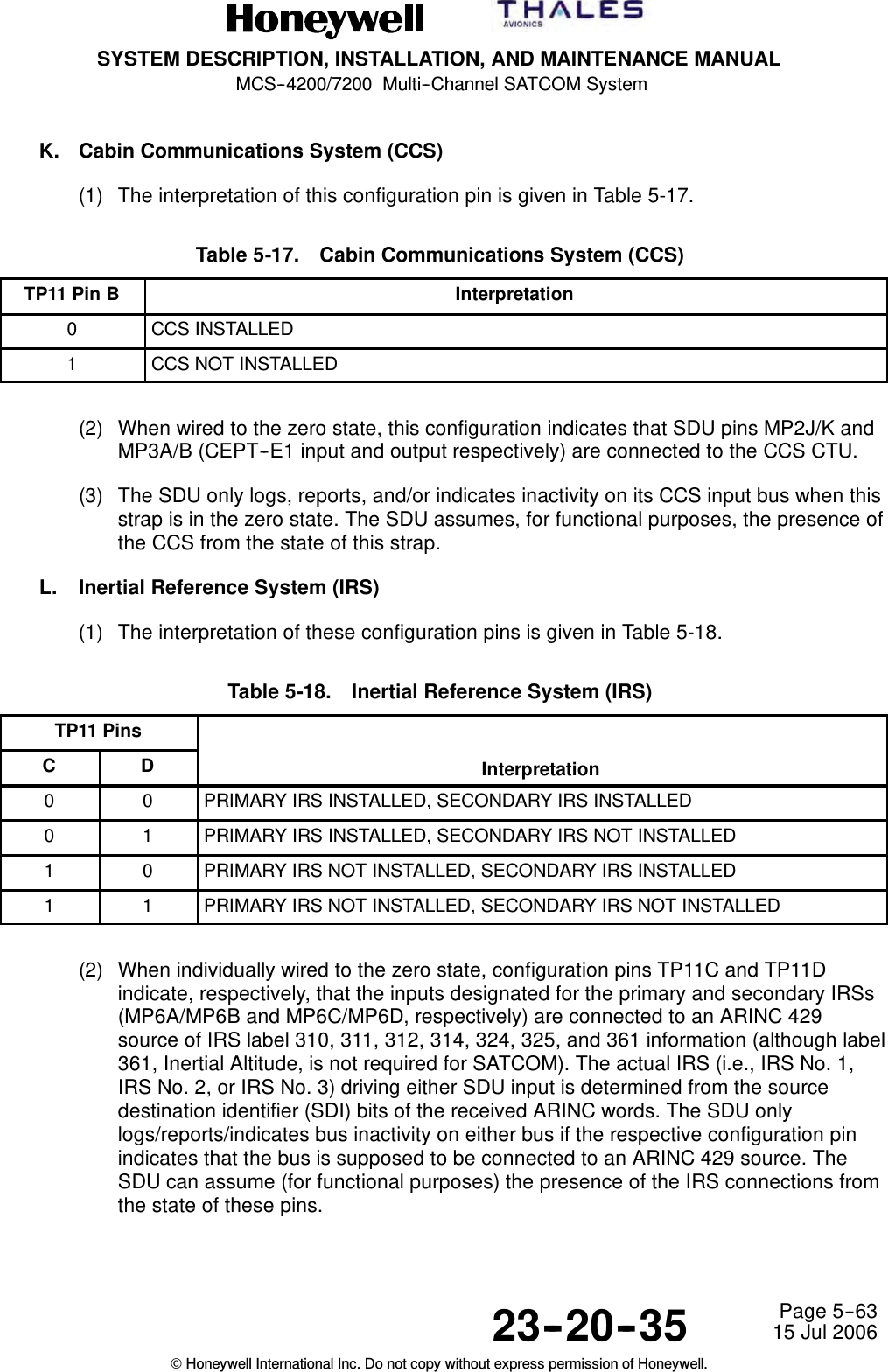 SYSTEM DESCRIPTION, INSTALLATION, AND MAINTENANCE MANUALMCS--4200/7200 Multi--Channel SATCOM System23--20--35 15 Jul 2006Honeywell International Inc. Do not copy without express permission of Honeywell.Page 5--63K. Cabin Communications System (CCS)(1) The interpretation of this configuration pin is given in Table 5-17.Table 5-17. Cabin Communications System (CCS)TP11 Pin B Interpretation0CCS INSTALLED1CCS NOT INSTALLED(2) When wired to the zero state, this configuration indicates that SDU pins MP2J/K andMP3A/B (CEPT--E1 input and output respectively) are connected to the CCS CTU.(3) The SDU only logs, reports, and/or indicates inactivity on its CCS input bus when thisstrap is in the zero state. The SDU assumes, for functional purposes, the presence ofthe CCS from the state of this strap.L. Inertial Reference System (IRS)(1) The interpretation of these configuration pins is given in Table 5-18.Table 5-18. Inertial Reference System (IRS)TP11 PinsC D Interpretation0 0 PRIMARY IRS INSTALLED, SECONDARY IRS INSTALLED0 1 PRIMARY IRS INSTALLED, SECONDARY IRS NOT INSTALLED1 0 PRIMARY IRS NOT INSTALLED, SECONDARY IRS INSTALLED1 1 PRIMARY IRS NOT INSTALLED, SECONDARY IRS NOT INSTALLED(2) When individually wired to the zero state, configuration pins TP11C and TP11Dindicate, respectively, that the inputs designated for the primary and secondary IRSs(MP6A/MP6B and MP6C/MP6D, respectively) are connected to an ARINC 429source of IRS label 310, 311, 312, 314, 324, 325, and 361 information (although label361, Inertial Altitude, is not required for SATCOM). The actual IRS (i.e., IRS No. 1,IRS No. 2, or IRS No. 3) driving either SDU input is determined from the sourcedestination identifier (SDI) bits of the received ARINC words. The SDU onlylogs/reports/indicates bus inactivity on either bus if the respective configuration pinindicates that the bus is supposed to be connected to an ARINC 429 source. TheSDU can assume (for functional purposes) the presence of the IRS connections fromthe state of these pins.