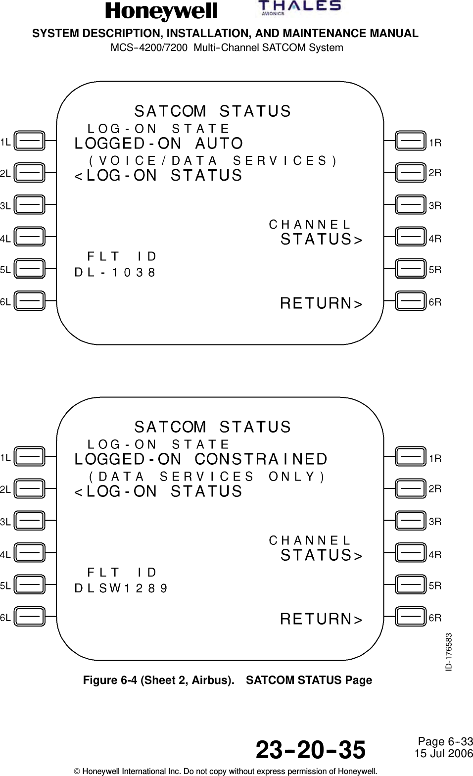 SYSTEM DESCRIPTION, INSTALLATION, AND MAINTENANCE MANUALMCS--4200/7200 Multi--Channel SATCOM System23--20--35 15 Jul 2006Honeywell International Inc. Do not copy without express permission of Honeywell.Page 6--33Figure 6-4 (Sheet 2, Airbus). SATCOM STATUS Page