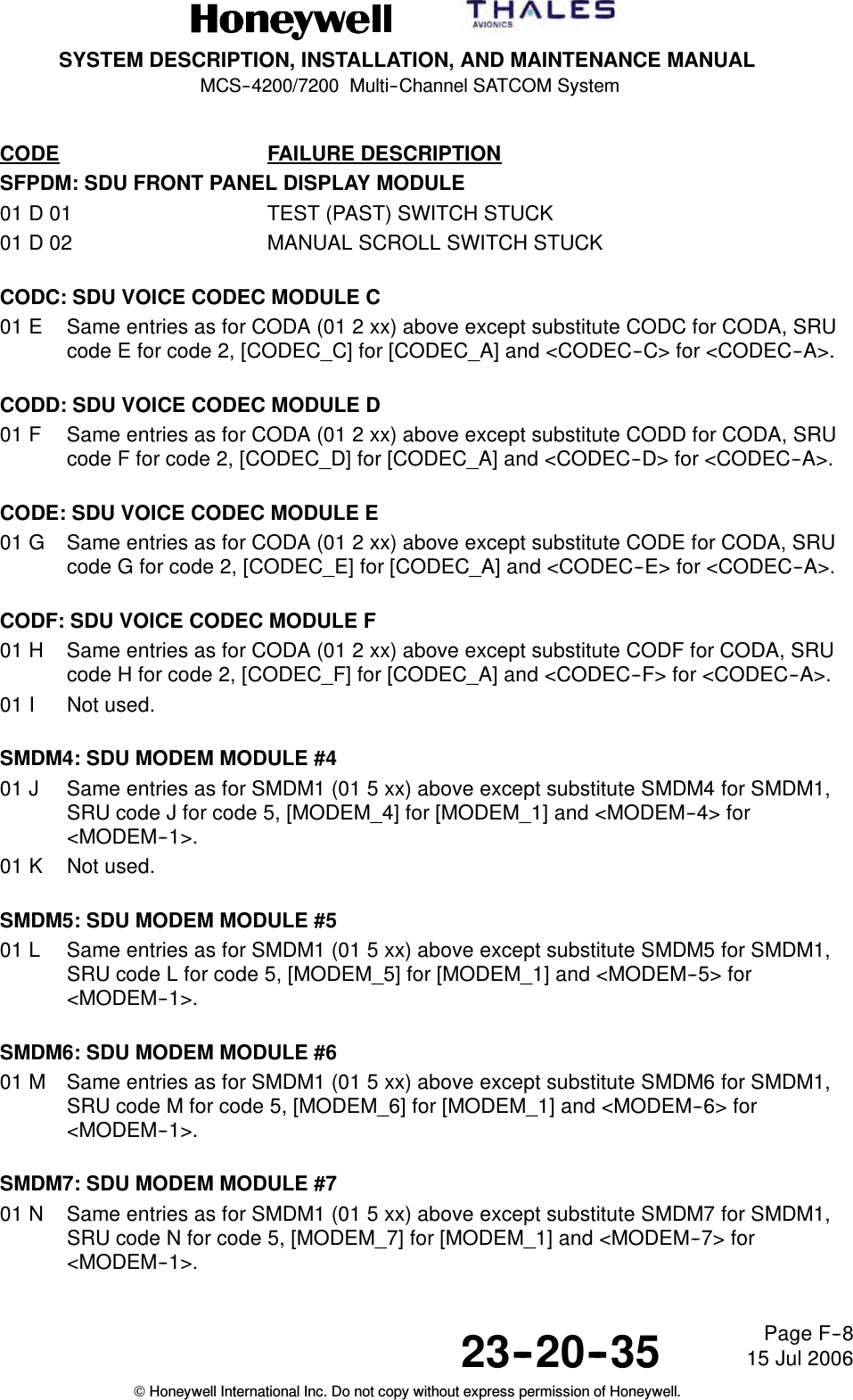 SYSTEM DESCRIPTION, INSTALLATION, AND MAINTENANCE MANUALMCS--4200/7200 Multi--Channel SATCOM System23--20--35 15 Jul 2006Honeywell International Inc. Do not copy without express permission of Honeywell.Page F--8CODE FAILURE DESCRIPTIONSFPDM: SDU FRONT PANEL DISPLAY MODULE01 D 01 TEST (PAST) SWITCH STUCK01 D 02 MANUAL SCROLL SWITCH STUCKCODC: SDU VOICE CODEC MODULE C01 E Same entries as for CODA (01 2 xx) above except substitute CODC for CODA, SRUcode E for code 2, [CODEC_C] for [CODEC_A] and &lt;CODEC--C&gt; for &lt;CODEC--A&gt;.CODD: SDU VOICE CODEC MODULE D01 F Same entries as for CODA (01 2 xx) above except substitute CODD for CODA, SRUcode F for code 2, [CODEC_D] for [CODEC_A] and &lt;CODEC--D&gt; for &lt;CODEC--A&gt;.CODE: SDU VOICE CODEC MODULE E01 G Same entries as for CODA (01 2 xx) above except substitute CODE for CODA, SRUcode G for code 2, [CODEC_E] for [CODEC_A] and &lt;CODEC--E&gt; for &lt;CODEC--A&gt;.CODF: SDU VOICE CODEC MODULE F01 H Same entries as for CODA (01 2 xx) above except substitute CODF for CODA, SRUcode H for code 2, [CODEC_F] for [CODEC_A] and &lt;CODEC--F&gt; for &lt;CODEC--A&gt;.01 I Not used.SMDM4: SDU MODEM MODULE #401 J Same entries as for SMDM1 (01 5 xx) above except substitute SMDM4 for SMDM1,SRU code J for code 5, [MODEM_4] for [MODEM_1] and &lt;MODEM--4&gt; for&lt;MODEM--1&gt;.01 K Not used.SMDM5: SDU MODEM MODULE #501 L Same entries as for SMDM1 (01 5 xx) above except substitute SMDM5 for SMDM1,SRU code L for code 5, [MODEM_5] for [MODEM_1] and &lt;MODEM--5&gt; for&lt;MODEM--1&gt;.SMDM6: SDU MODEM MODULE #601 M Same entries as for SMDM1 (01 5 xx) above except substitute SMDM6 for SMDM1,SRU code M for code 5, [MODEM_6] for [MODEM_1] and &lt;MODEM--6&gt; for&lt;MODEM--1&gt;.SMDM7: SDU MODEM MODULE #701 N Same entries as for SMDM1 (01 5 xx) above except substitute SMDM7 for SMDM1,SRU code N for code 5, [MODEM_7] for [MODEM_1] and &lt;MODEM--7&gt; for&lt;MODEM--1&gt;.