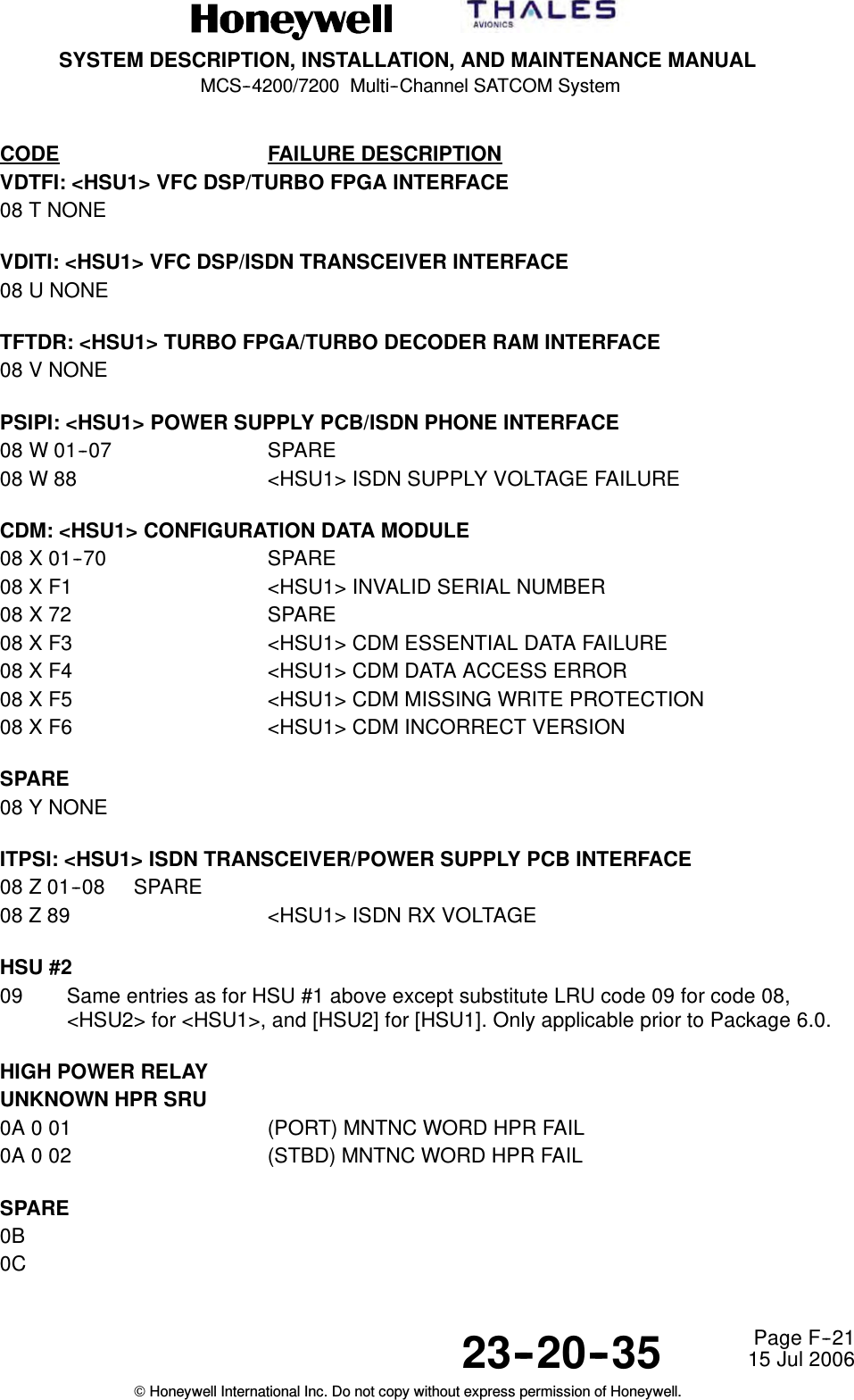 SYSTEM DESCRIPTION, INSTALLATION, AND MAINTENANCE MANUALMCS--4200/7200 Multi--Channel SATCOM System23--20--35 15 Jul 2006Honeywell International Inc. Do not copy without express permission of Honeywell.Page F--21CODE FAILURE DESCRIPTIONVDTFI: &lt;HSU1&gt; VFC DSP/TURBO FPGA INTERFACE08 T NONEVDITI: &lt;HSU1&gt; VFC DSP/ISDN TRANSCEIVER INTERFACE08 U NONETFTDR: &lt;HSU1&gt; TURBO FPGA/TURBO DECODER RAM INTERFACE08 V NONEPSIPI: &lt;HSU1&gt; POWER SUPPLY PCB/ISDN PHONE INTERFACE08 W 01--07 SPARE08 W 88 &lt;HSU1&gt; ISDN SUPPLY VOLTAGE FAILURECDM: &lt;HSU1&gt; CONFIGURATION DATA MODULE08 X 01--70 SPARE08 X F1 &lt;HSU1&gt; INVALID SERIAL NUMBER08 X 72 SPARE08 X F3 &lt;HSU1&gt; CDM ESSENTIAL DATA FAILURE08 X F4 &lt;HSU1&gt; CDM DATA ACCESS ERROR08 X F5 &lt;HSU1&gt; CDM MISSING WRITE PROTECTION08 X F6 &lt;HSU1&gt; CDM INCORRECT VERSIONSPARE08 Y NONEITPSI: &lt;HSU1&gt; ISDN TRANSCEIVER/POWER SUPPLY PCB INTERFACE08 Z 01--08 SPARE08 Z 89 &lt;HSU1&gt; ISDN RX VOLTAGEHSU #209 Same entries as for HSU #1 above except substitute LRU code 09 for code 08,&lt;HSU2&gt; for &lt;HSU1&gt;, and [HSU2] for [HSU1]. Only applicable prior to Package 6.0.HIGH POWER RELAYUNKNOWN HPR SRU0A 0 01 (PORT) MNTNC WORD HPR FAIL0A 0 02 (STBD) MNTNC WORD HPR FAILSPARE0B0C