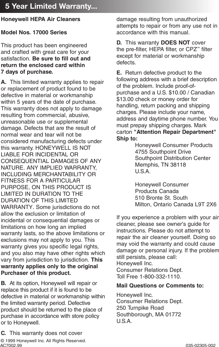 Page 7 of 7 - Honeywell Honeywell-17000-Users-Manual- AC7002.99-17000 Series OM  Honeywell-17000-users-manual
