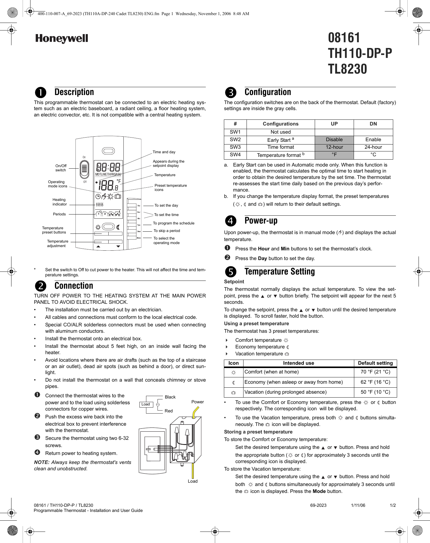 Page 1 of 2 - Honeywell Honeywell-8161-Users-Manual- 08161, TH110-DP-P, TL8230 Programmable Thermostat  Honeywell-8161-users-manual