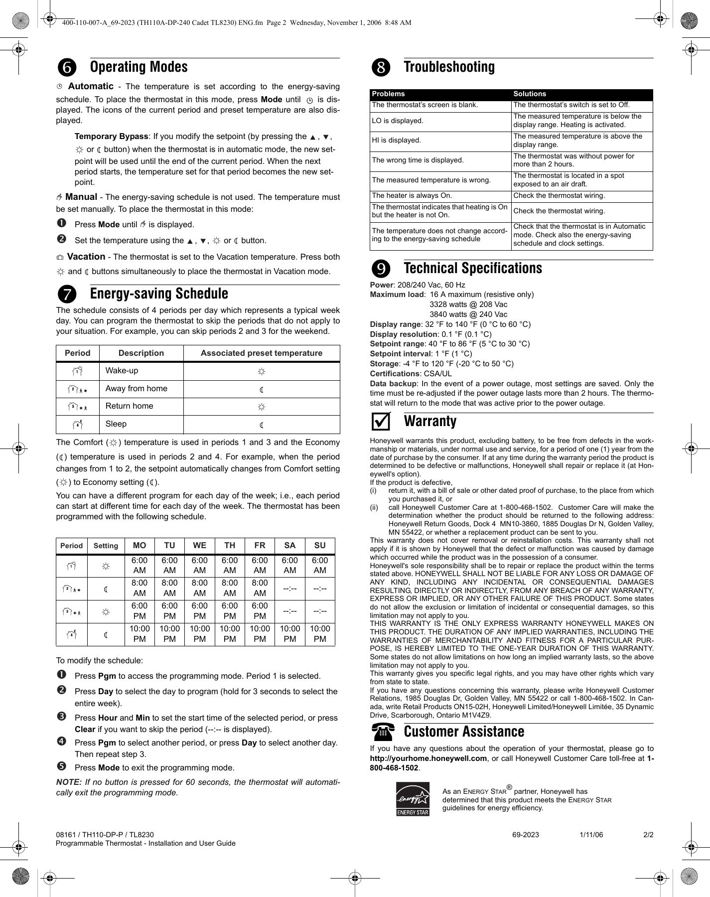 Page 2 of 2 - Honeywell Honeywell-8161-Users-Manual- 08161, TH110-DP-P, TL8230 Programmable Thermostat  Honeywell-8161-users-manual