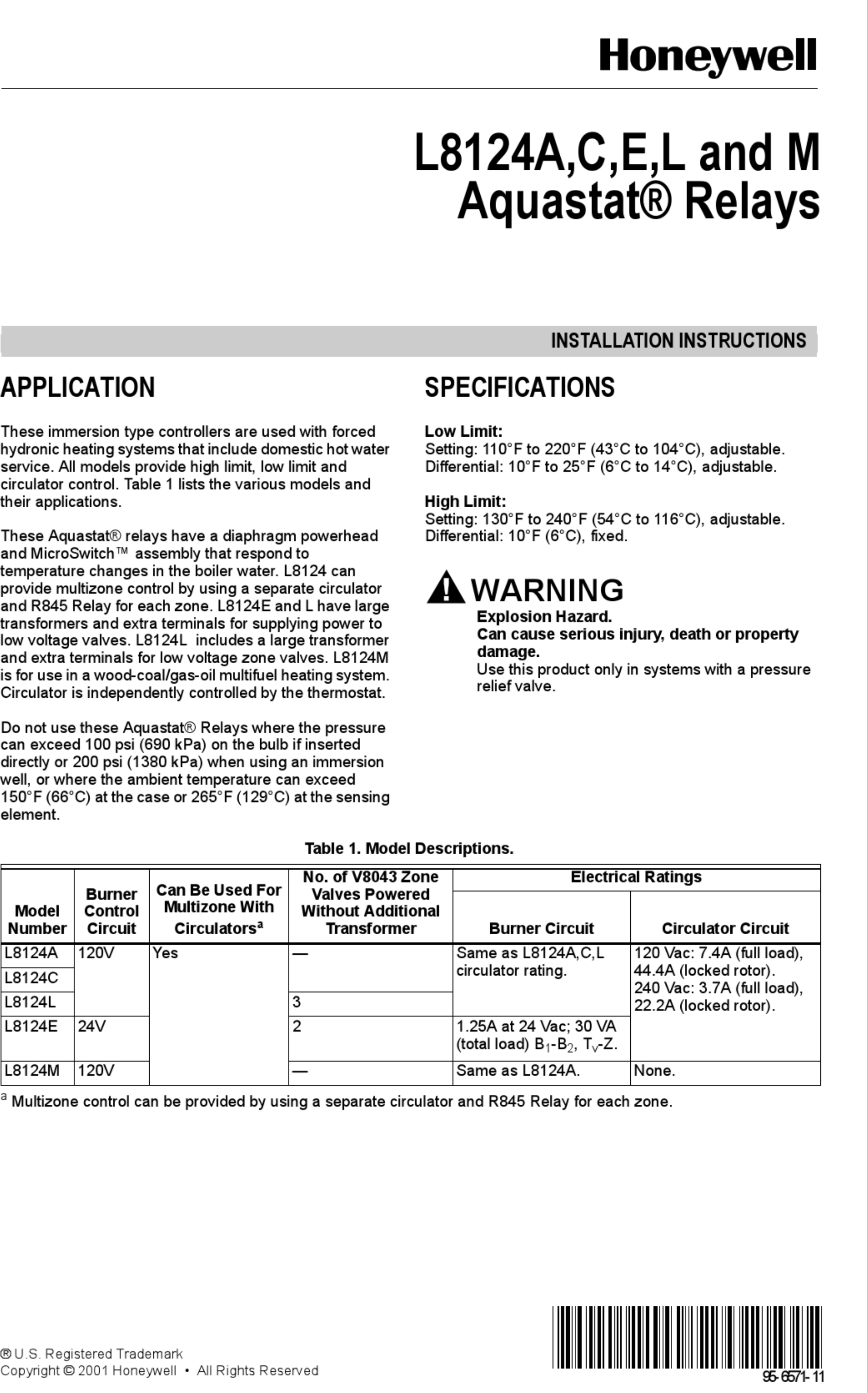 Page 1 of 8 - Honeywell Honeywell-Aquastat-L8124A-Installation-Instructions-Manual-1003208 User Manual