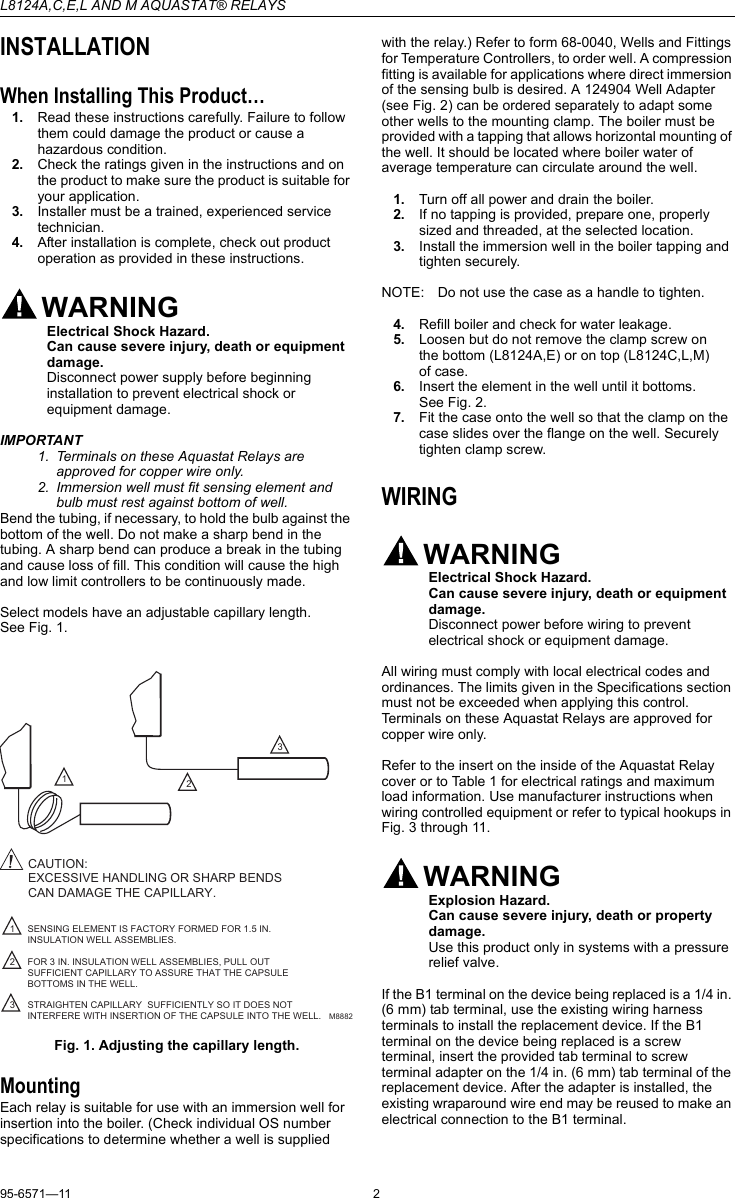 Page 2 of 8 - Honeywell Honeywell-Aquastat-L8124A-Instruction-Manual- 95-6571 - L8124A,C,E,L And M Aquastat® Relays  Honeywell-aquastat-l8124a-instruction-manual