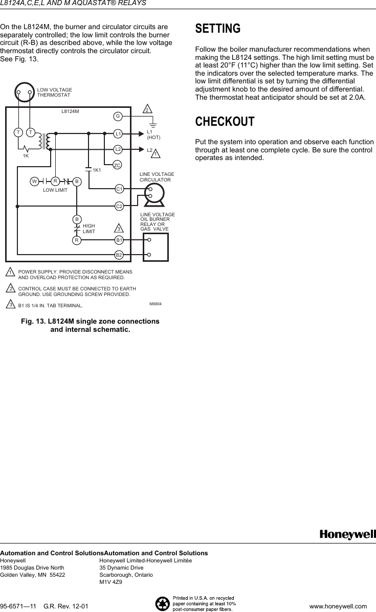 Page 8 of 8 - Honeywell Honeywell-Aquastat-L8124C-Users-Manual- 95-6571 - L8124A,C,E,L And M Aquastat® Relays  Honeywell-aquastat-l8124c-users-manual