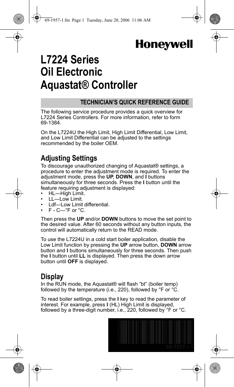 Page 1 of 4 - Honeywell Honeywell-Aquastatic-L7224-Users-Manual- 69-1957-1 L7224 Series Oil Electronic Aquastat Controller  Honeywell-aquastatic-l7224-users-manual