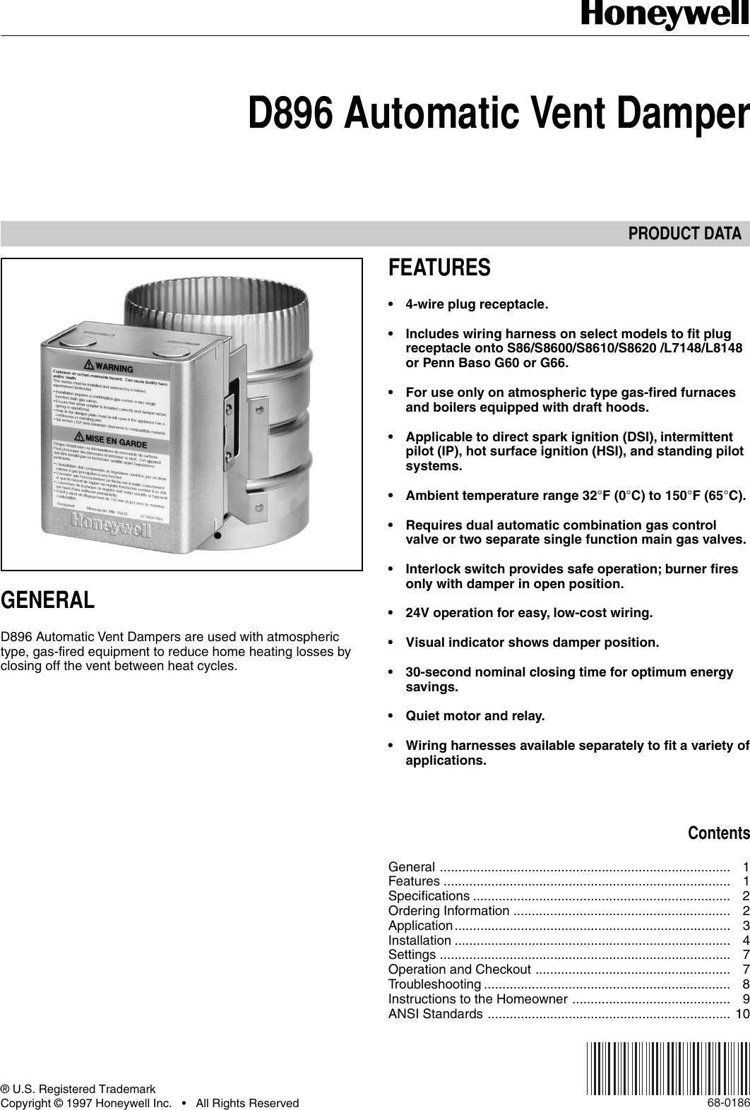 Page 1 of 12 - Honeywell Honeywell-Automatic-Vent-Damper-D896-Users-Manual- 68-0186 - D896 Automatic Vent Damper  Honeywell-automatic-vent-damper-d896-users-manual
