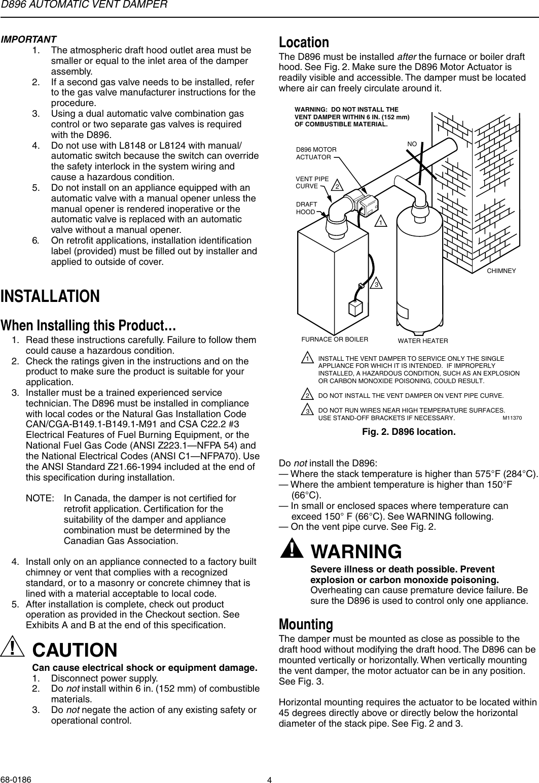 Page 4 of 12 - Honeywell Honeywell-Automatic-Vent-Damper-D896-Users-Manual- 68-0186 - D896 Automatic Vent Damper  Honeywell-automatic-vent-damper-d896-users-manual