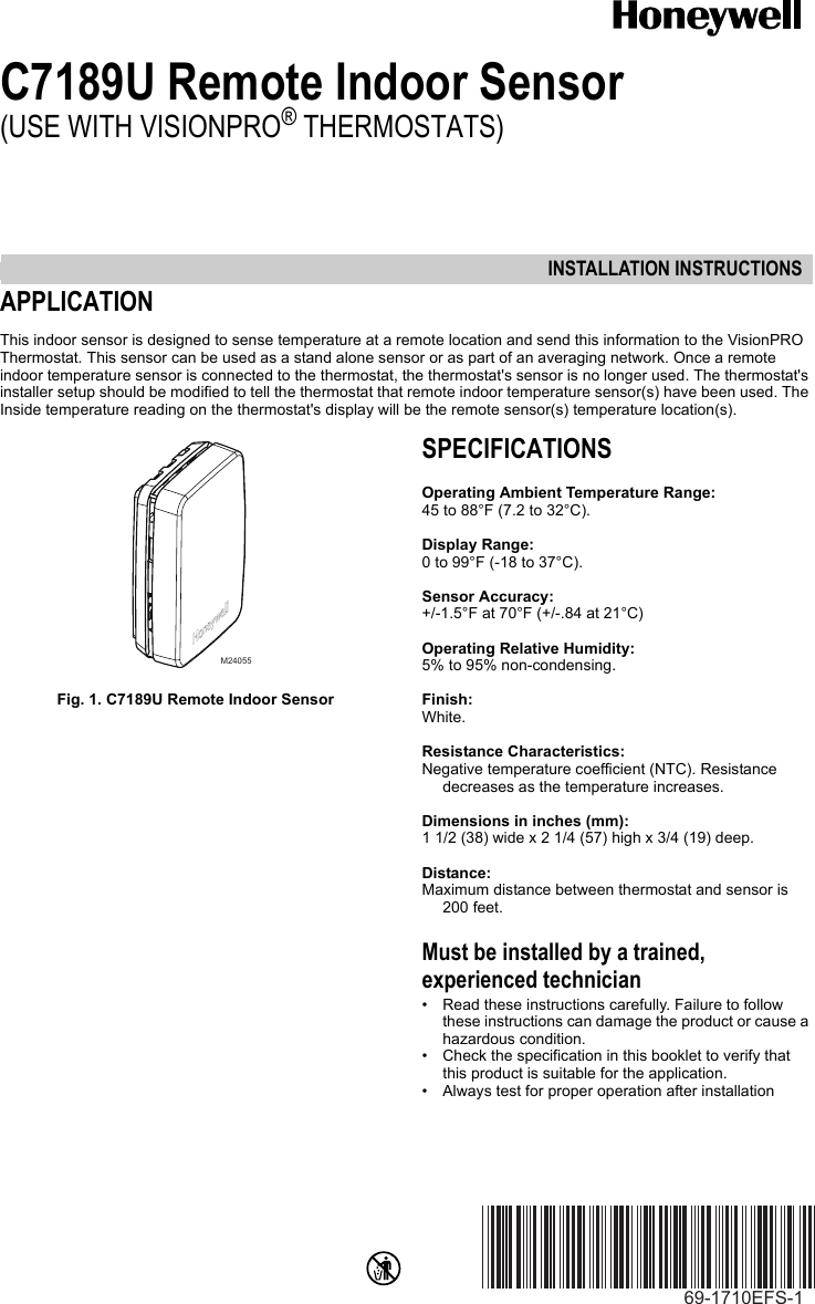Page 1 of 12 - Honeywell Honeywell-C7189U-Owner-S-Manual 69-1710EFS-1 - C7189U Remote Indoor Sensor