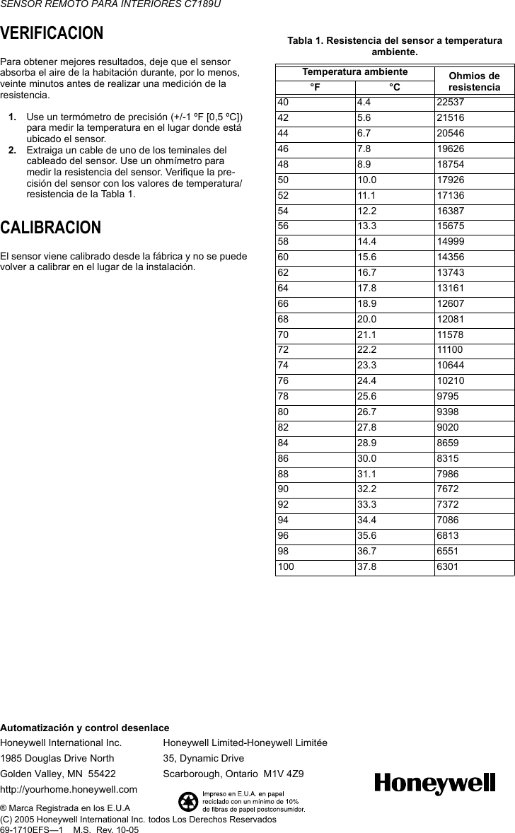 Page 12 of 12 - Honeywell Honeywell-C7189U-Owner-S-Manual 69-1710EFS-1 - C7189U Remote Indoor Sensor