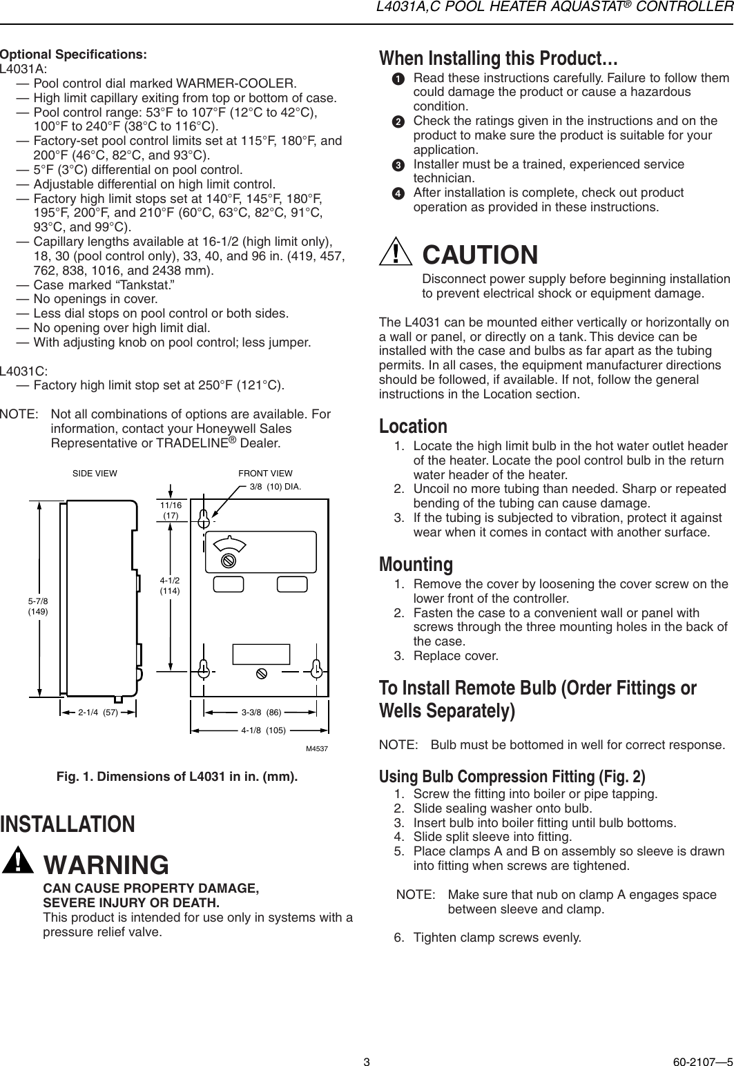 Page 3 of 12 - Honeywell Honeywell-C-Users-Manual- 60-2107 - L4031A,C Pool Heater Aquastat® Controller  Honeywell-c-users-manual