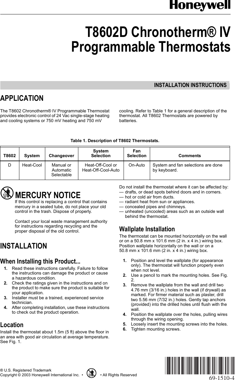 Page 1 of 12 - Honeywell Honeywell-Chronotherm-Iv-T8602D-Users-Manual- 69-1510-4  Honeywell-chronotherm-iv-t8602d-users-manual