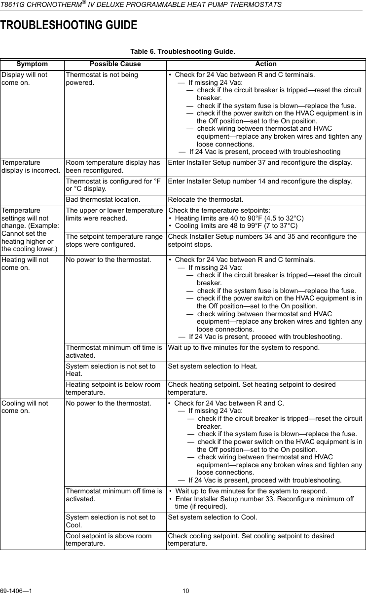 Page 10 of 12 - Honeywell Honeywell-Chronotherm-Iv-T8611G-Users-Manual- 69-1406 - T8611G Chronotherm® IV Deluxe Programmable Heat Pump Thermostat  Honeywell-chronotherm-iv-t8611g-users-manual