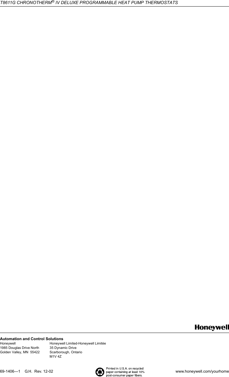 Page 12 of 12 - Honeywell Honeywell-Chronotherm-Iv-T8611G-Users-Manual- 69-1406 - T8611G Chronotherm® IV Deluxe Programmable Heat Pump Thermostat  Honeywell-chronotherm-iv-t8611g-users-manual