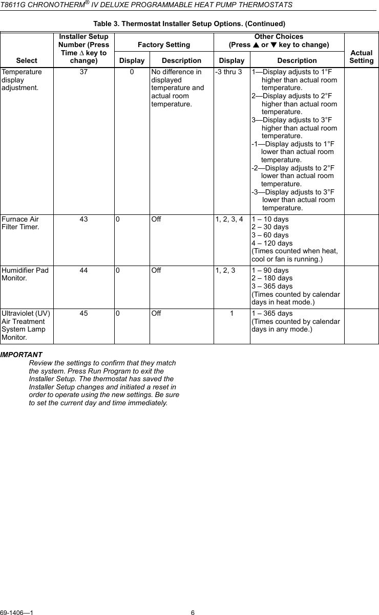 Page 6 of 12 - Honeywell Honeywell-Chronotherm-Iv-T8611G-Users-Manual- 69-1406 - T8611G Chronotherm® IV Deluxe Programmable Heat Pump Thermostat  Honeywell-chronotherm-iv-t8611g-users-manual