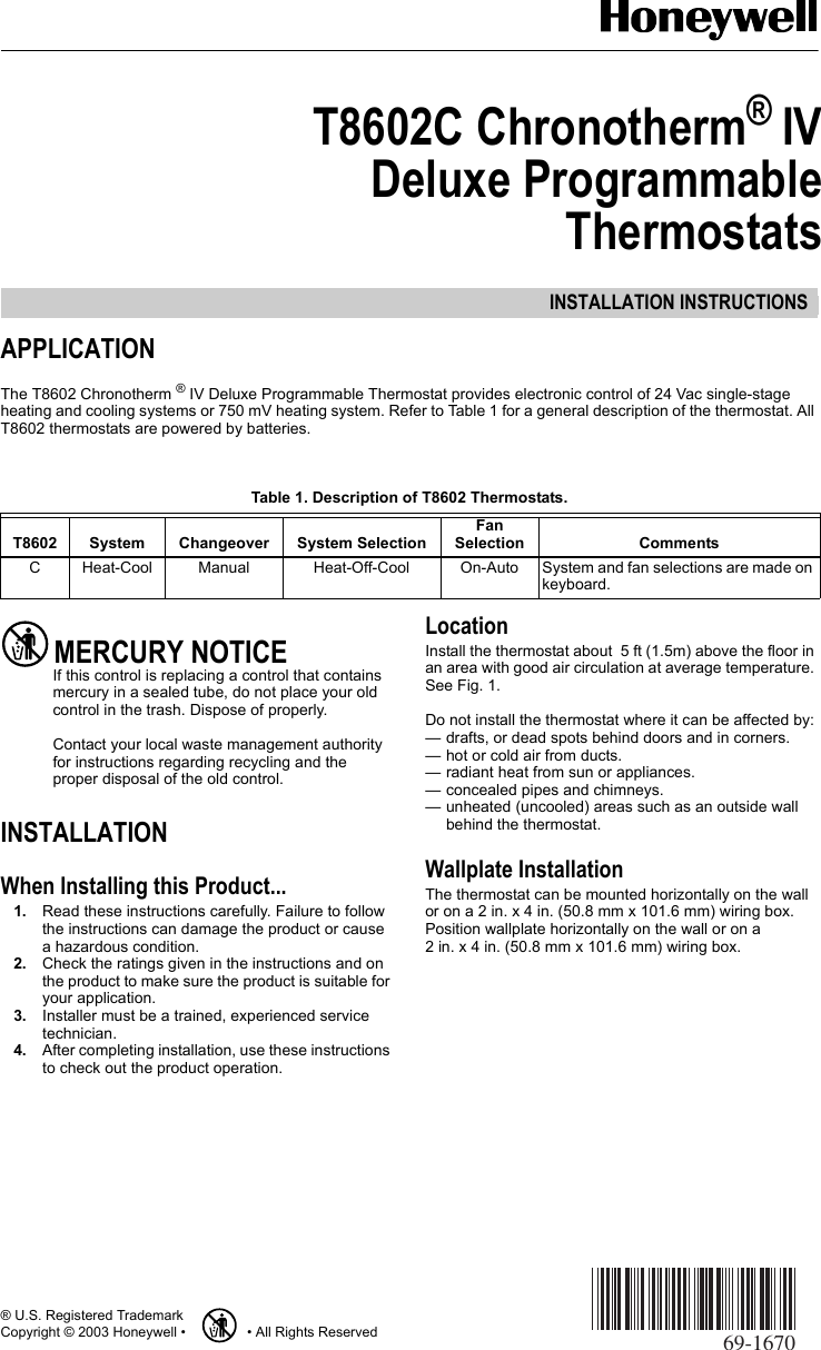 Page 1 of 12 - Honeywell Honeywell-Chronotherm-T8602C-Users-Manual- 69-1670 - T8602C Chronotherm® IV Deluxe Programmable Thermostats  Honeywell-chronotherm-t8602c-users-manual