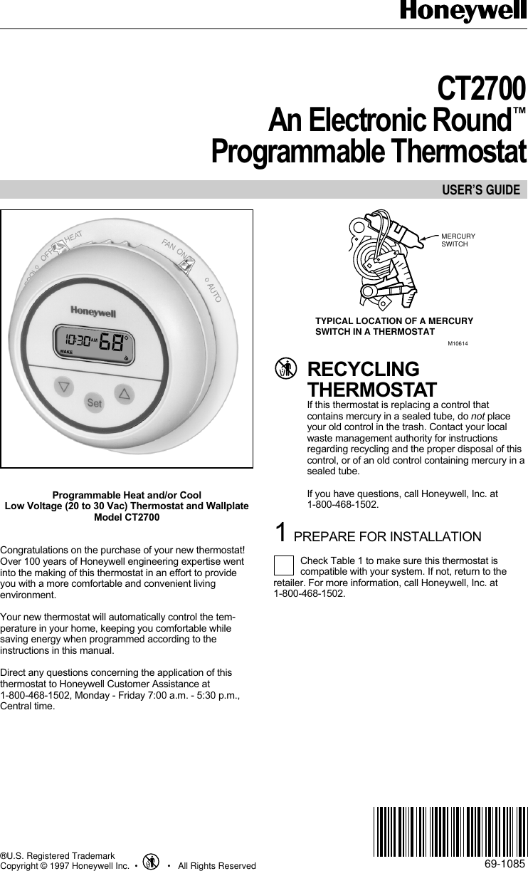 Page 1 of 8 - Honeywell Honeywell-Ct2700-Users-Manual- 69-1085 - CT2700 An Electronic Roundª Programmable Thermostat  Honeywell-ct2700-users-manual