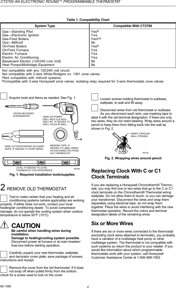 Page 2 of 8 - Honeywell Honeywell-Ct2700-Users-Manual- 69-1085 - CT2700 An Electronic Roundª Programmable Thermostat  Honeywell-ct2700-users-manual
