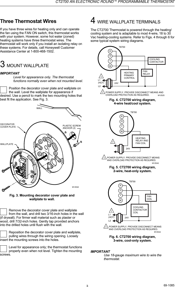 Page 3 of 8 - Honeywell Honeywell-Ct2700-Users-Manual- 69-1085 - CT2700 An Electronic Roundª Programmable Thermostat  Honeywell-ct2700-users-manual