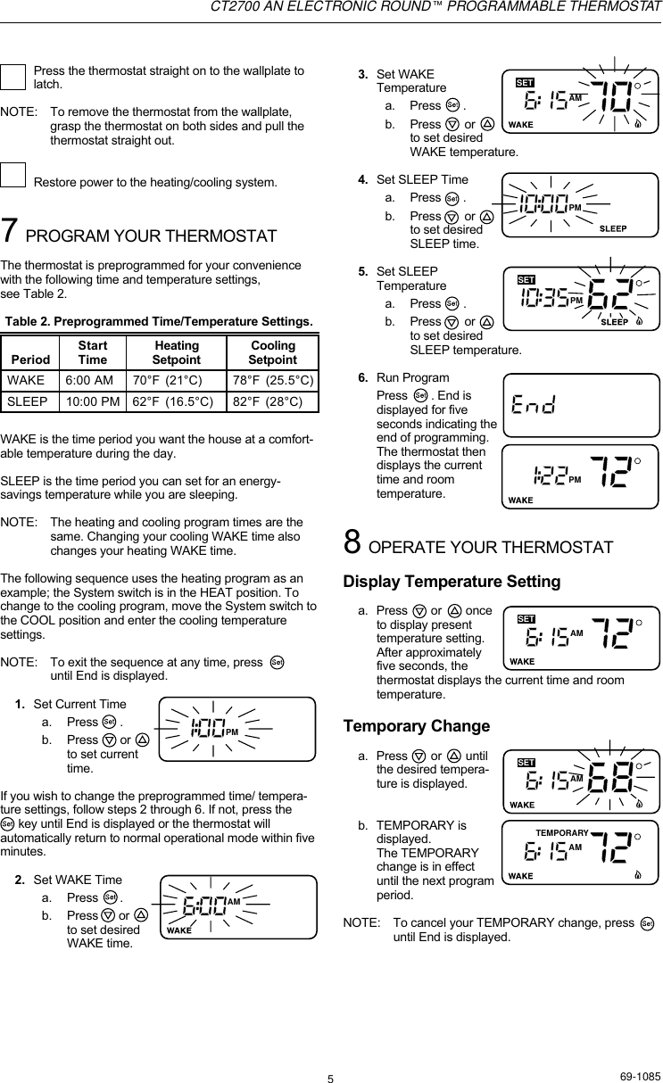 Page 5 of 8 - Honeywell Honeywell-Ct2700-Users-Manual- 69-1085 - CT2700 An Electronic Roundª Programmable Thermostat  Honeywell-ct2700-users-manual